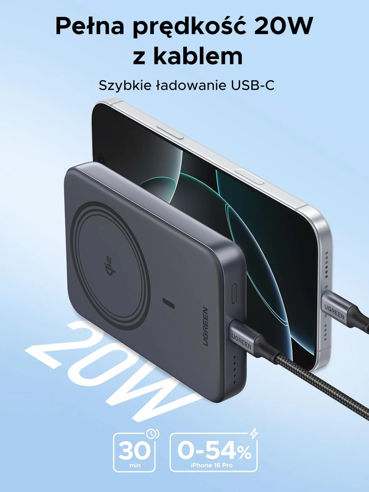 UGREEN Nexode Qi2 Wireless Powerbank 10000mAh kompatybilny z bezprzewodowym powerbankiem Magsafe 15W i szybkim ładowaniem USB-C 20W kompatybilnym z iPhone 16 Pro Max/16/15-12
