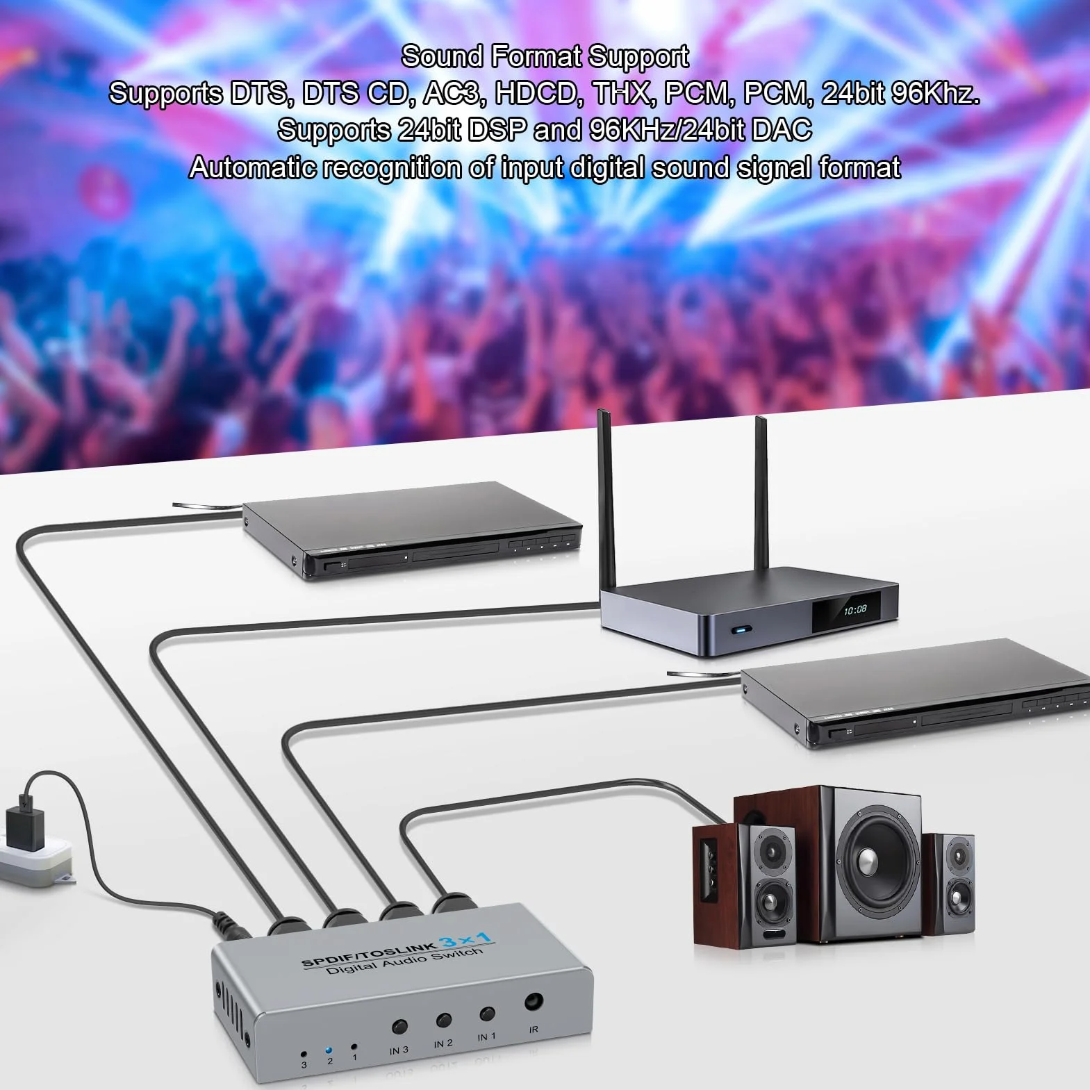 Cyfrowy Optyczny Audio 3x1, 3 Porty SPDIF Toslink Box z Pilotem, Obsługuje AC3/HDCD/THX/PCM, do Telewizora, Komputera, na na na na