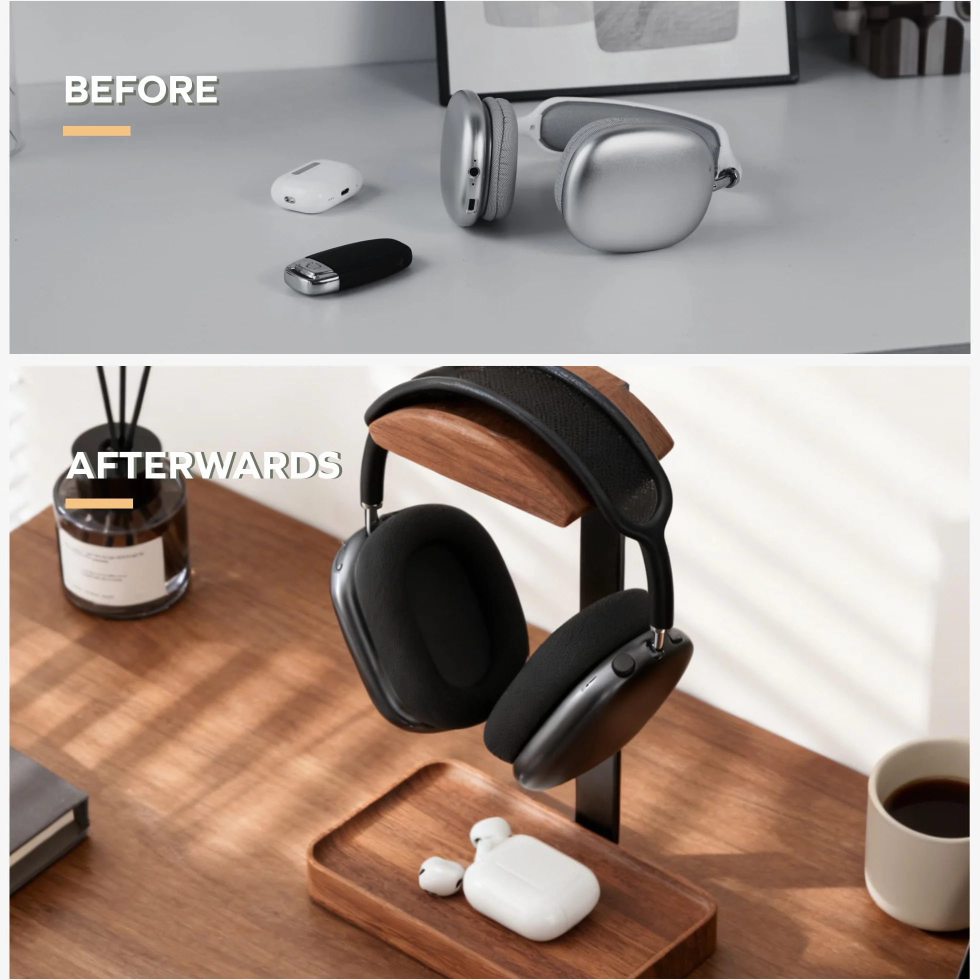 muso wood Orzech stojak na słuchawki, drewniany stojak na słuchawki z podstawą do przechowywania, uchwyt na słuchawki do gier, biura i biurka domowego - kompatybilny z AirPods Max, Bose, Razer (czarny