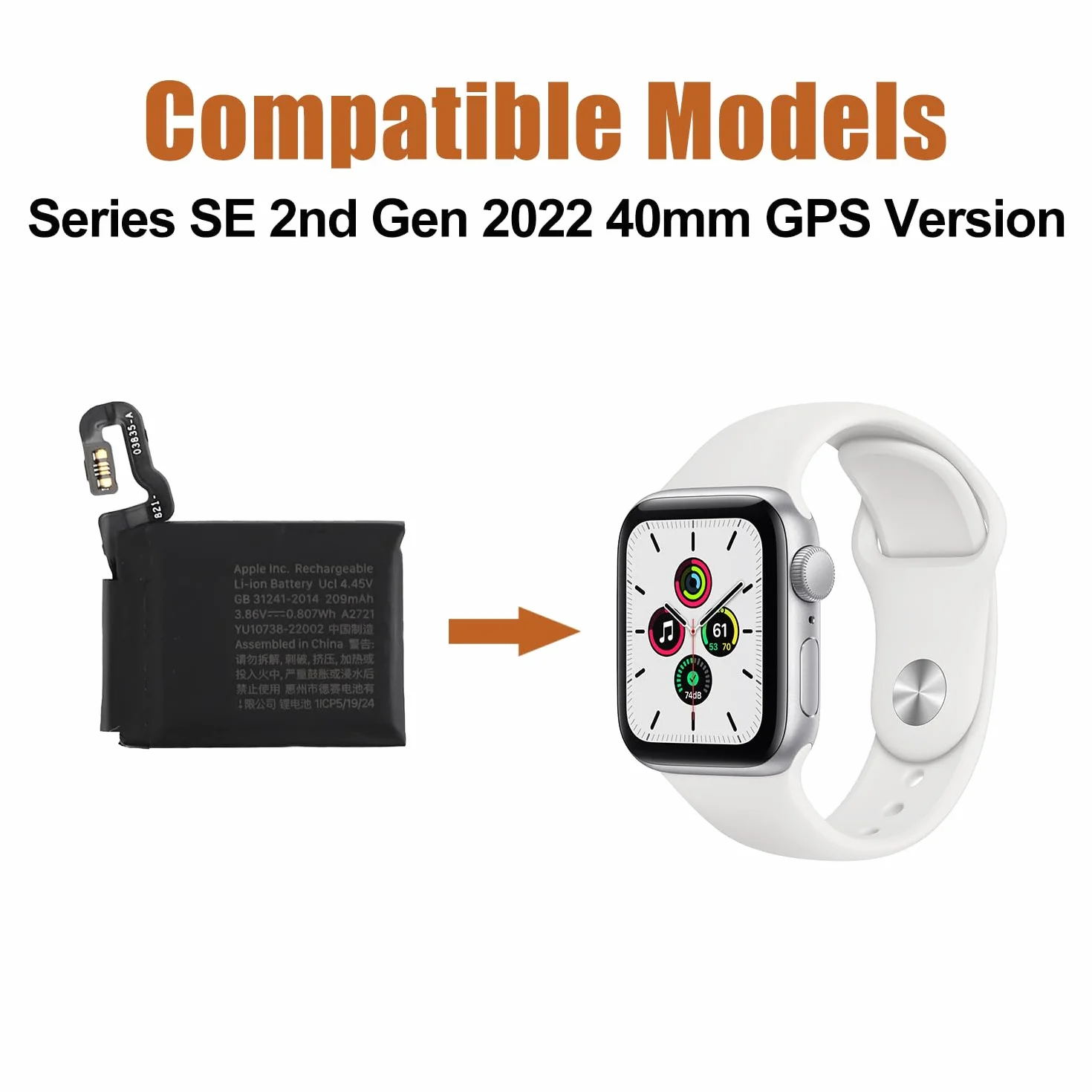 Duotipa 209 mAh nowa bateria zastępcza A2721 kompatybilna z Apple Watch Series SE 2. generacji 2022 40 mm GPS wersja A2722 akumulator z zestawem narzędzi naprawczych
