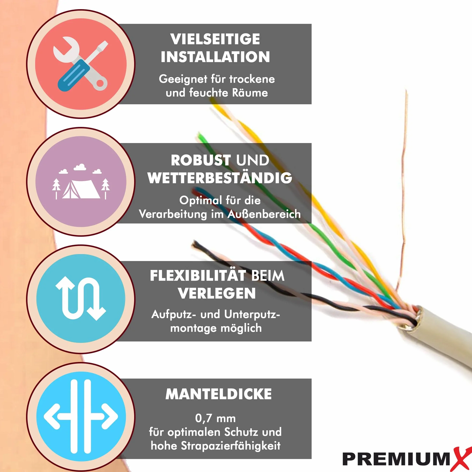 PremiumX Kabel Telefoniczny 100m 4-Żyły 4x2x0,6mm J-Y(ST) Y - Kabel Instalacyjny, Kabel Telekomunikacyjny, Ekranowanie Aluminiowe, Projekt CCA, do Użytku Wewnętrznego/Zewnętrznego