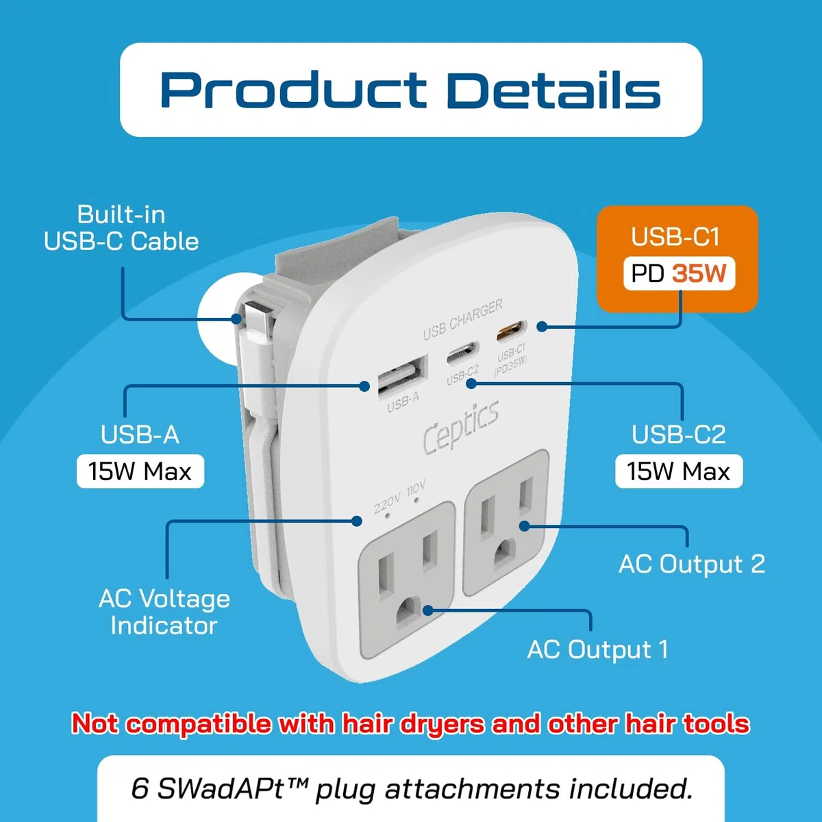Ceptics World Zestaw adapterów podróżnych – 2 USB + 2 gniazda USA, zawiera adapter do Europy, Wielkiej Brytanii, Chin, Australii, Japonii – idealny do laptopów, telefonów komórkowych i innych urządzeń
