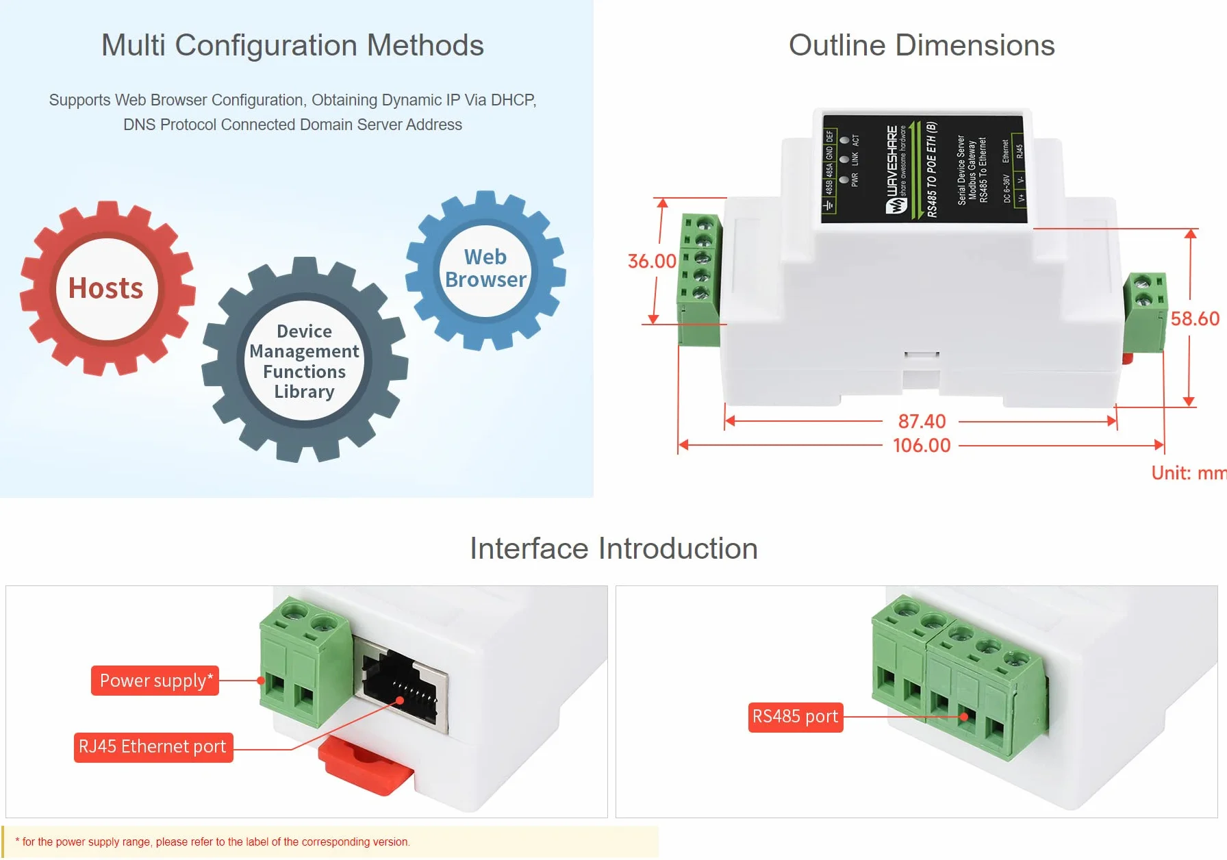Waveshare Industrial Serial Server RS485 to RJ45 Ethernet TCP/IP to Serial Module Support Rail-Mount Modbus Gateway