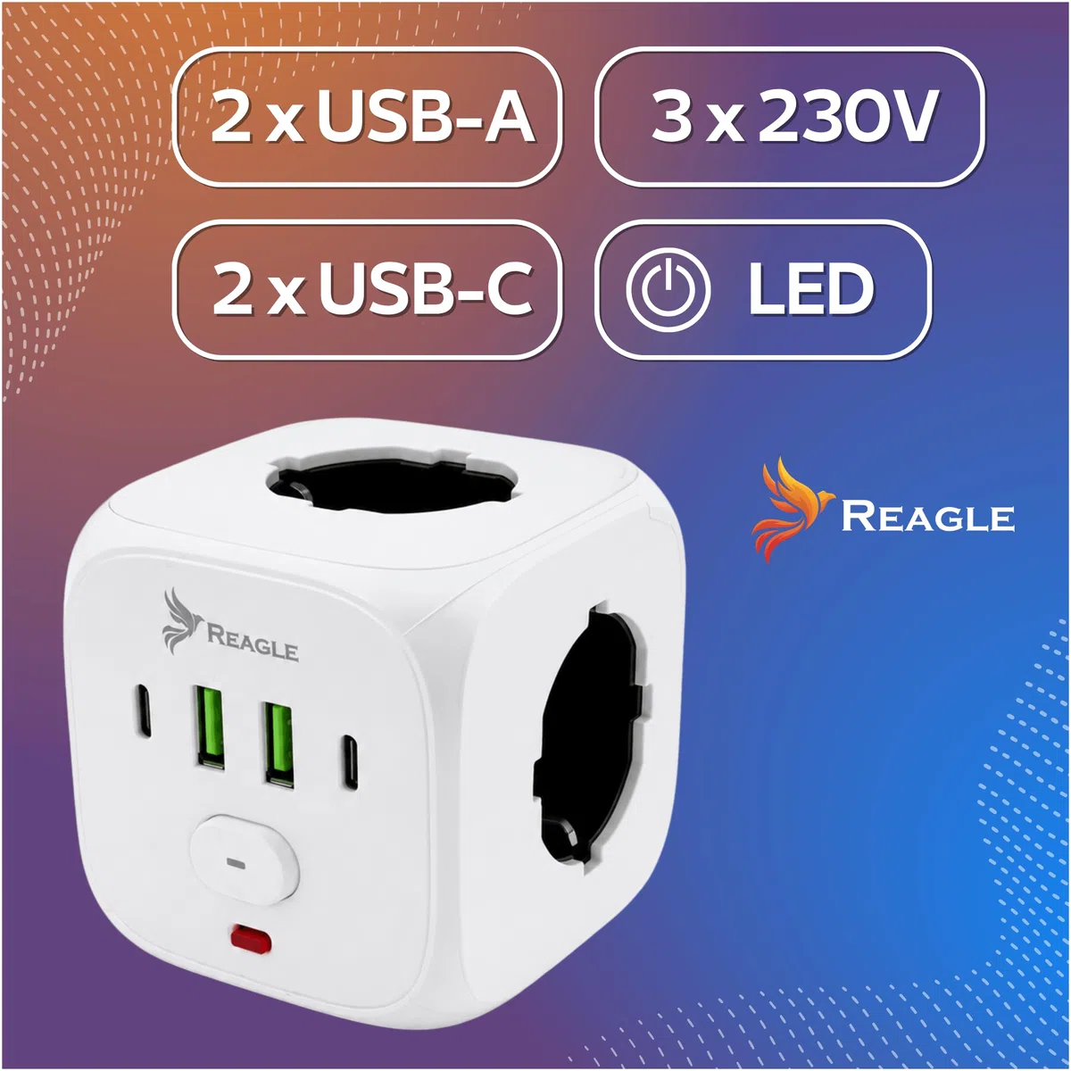 Reagle Kostka Zasilająca Bez Kabla 3 Gniazda 230V, Rozgałęźnik Do Gniazdka z USB 2x USB A 2x USB C, Listwa Zasilająca Cube, Włącznik ON OFF, 2500W, Do Domu Biura Podróży, Biała