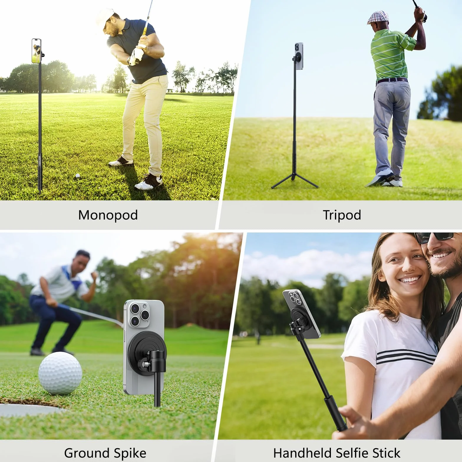CAMOLOGEEK Monopod i statyw, kij do selfie do nagrywania, huśtawka golfowa, pomoc treningowa z kolcem do ziemi i adapterem do Gopro i śrubą 1/4 cala, magnetyczny uchwyt na telefon golfowy