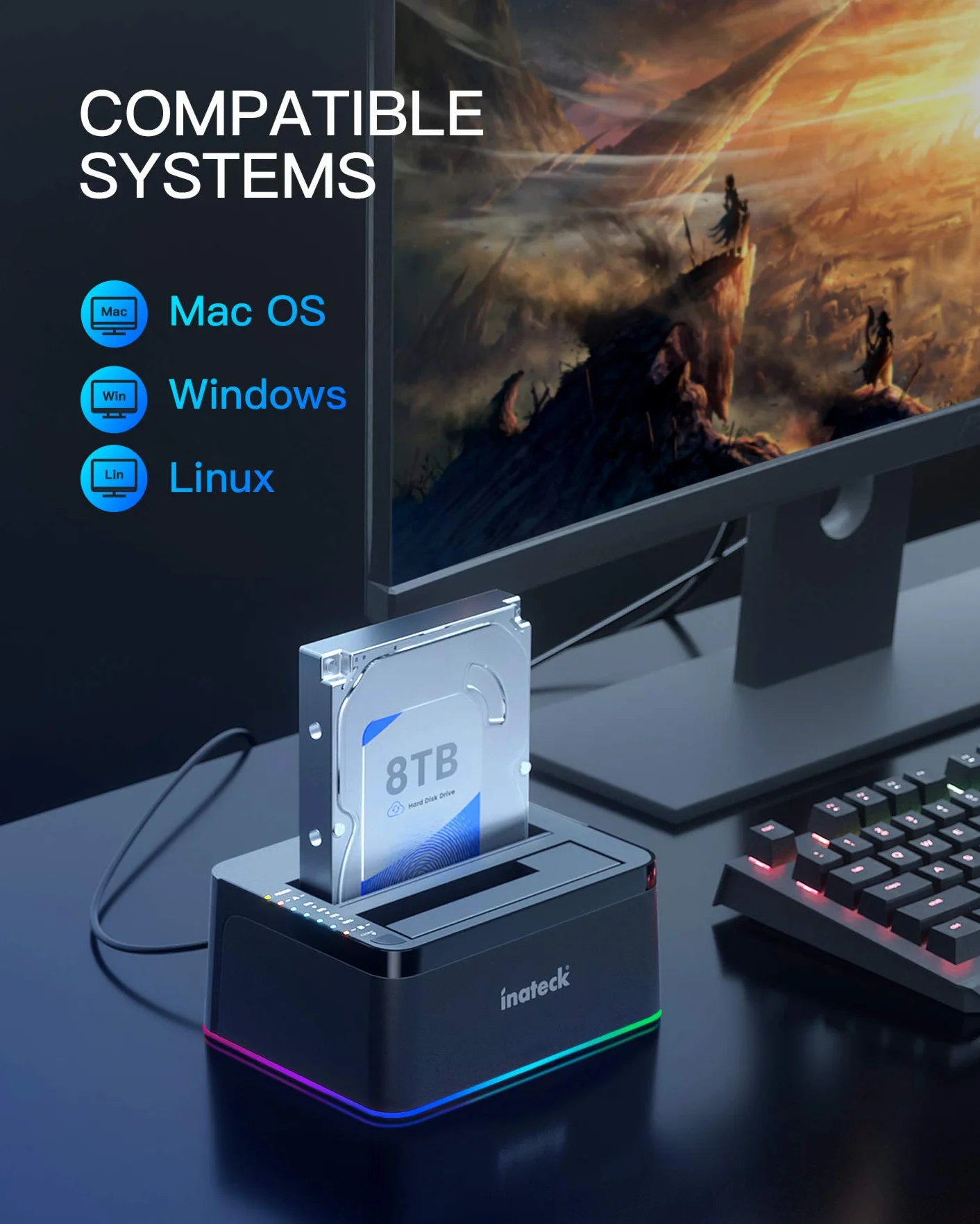 Inateck Stacja dokująca do dysków twardych RGB USB 3.0 z funkcją klonowania offline, do 2,5 i 3,5 cala SATA HDD i SSD, obsługuje UASP, czarna