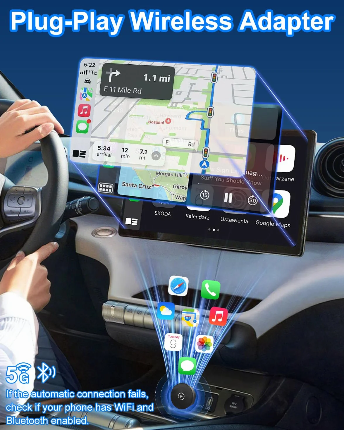 Mini bezprzewodowy adapter samochodowy do fabrycznie zainstalowanych systemów pojazdów, Plug & Play adapter USB C do pojazdów z przewodowym CarPlay/Android Auto (od 2016), WLAN BT 5.2, kompaktowa