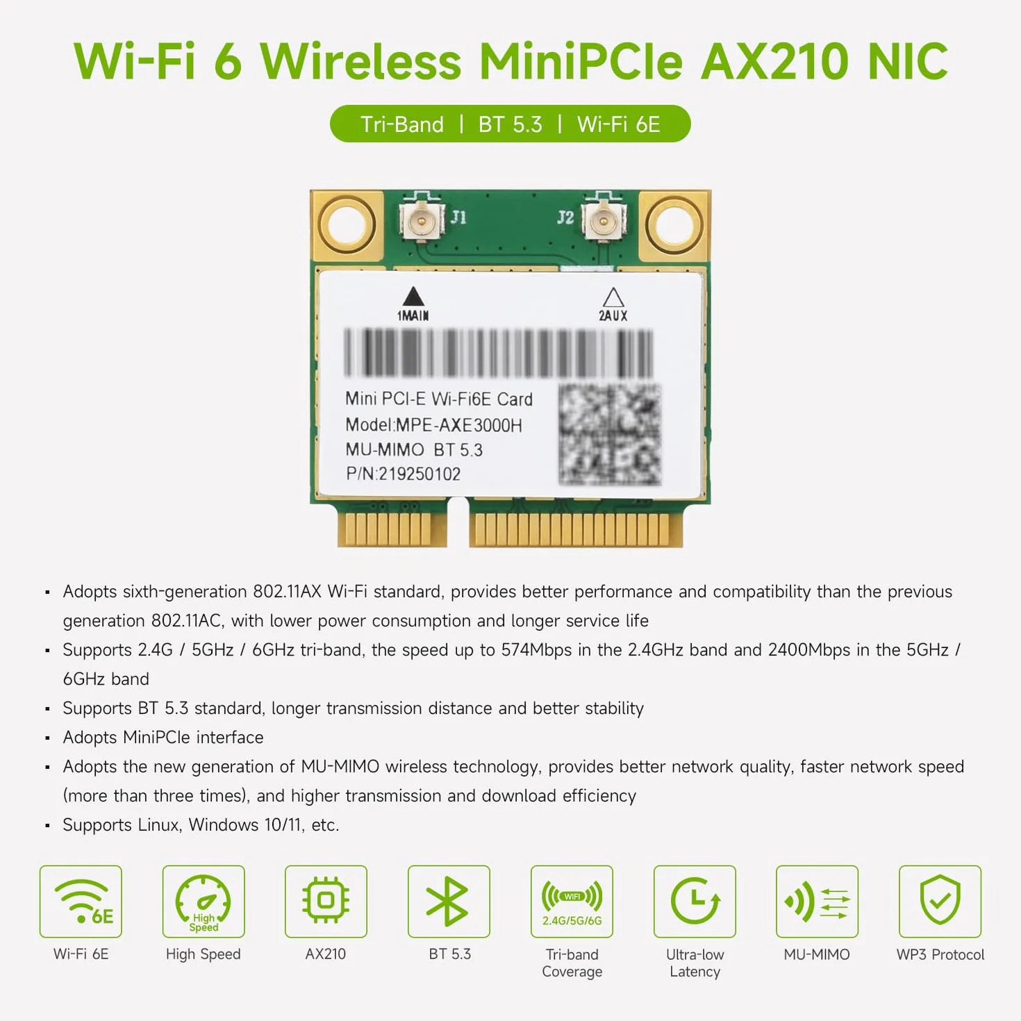 Waveshare Wireless MINIPCIE AX210 NIC, Compatible with Linux, Windows 10/11, Gigabit Tri-Band Wi-Fi 6E, 802.11AX Standard, BT 5.3