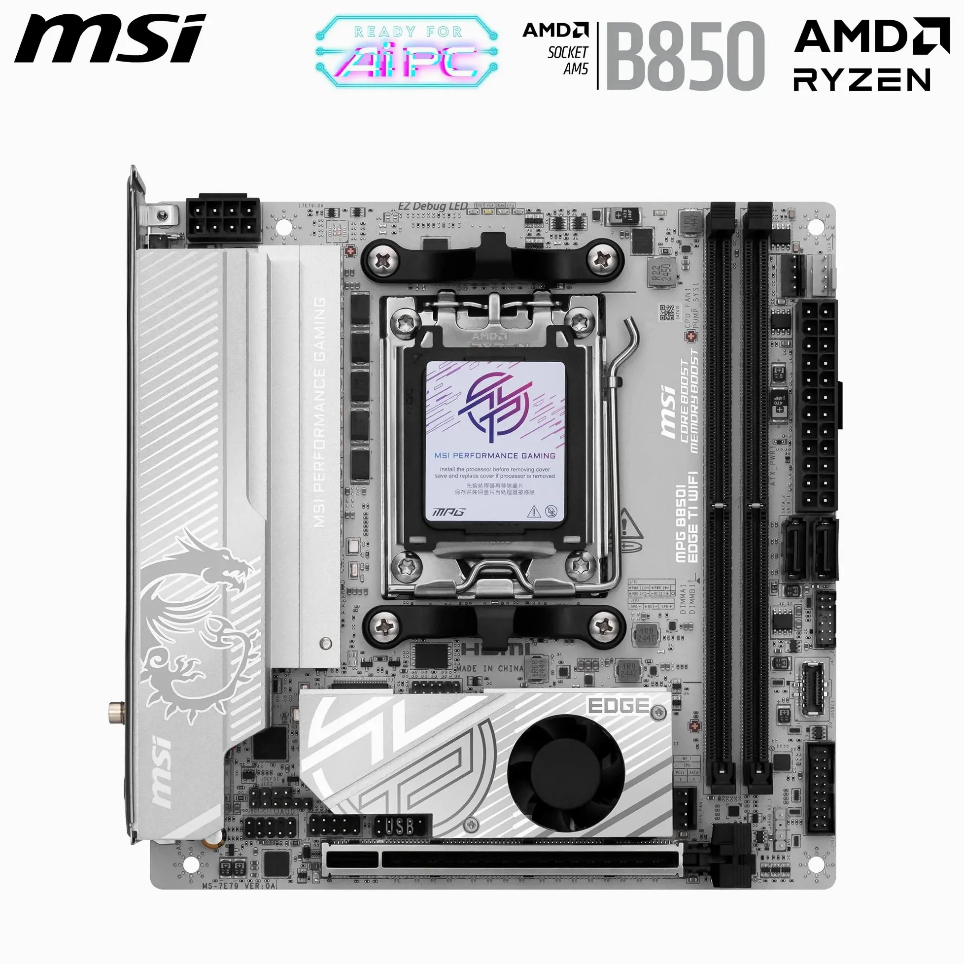 MSI Płyta główna MPG B850I EDGE TI WIFI, ATX - Obsługuje procesory AMD Ryzen 9000/8000/7000, AM5-90A SPS VRM, DDR5 Memory Boost (8200+MT/s OC), PCIe 5.0 x16, M.2 Gen5, Wi-Fi 7, 5G LAN