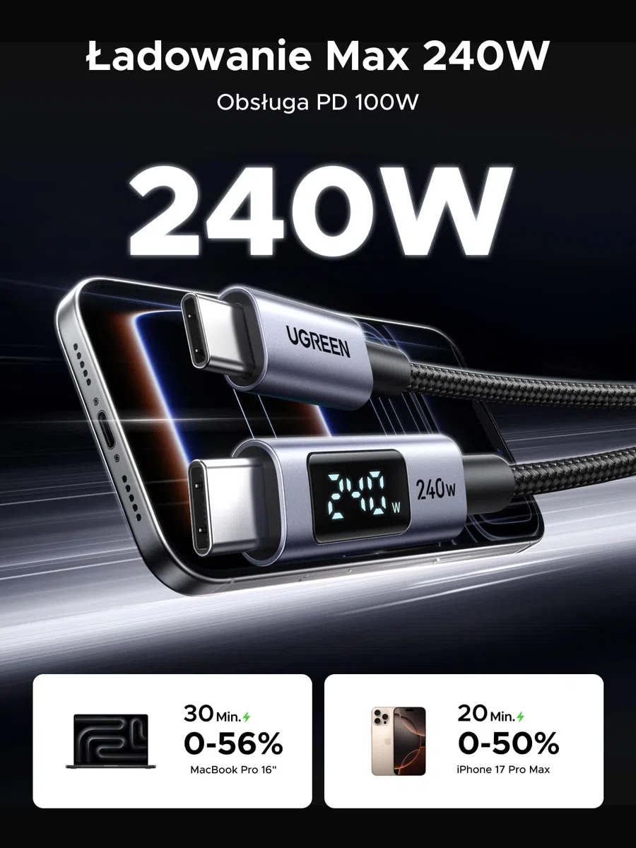 Kabel UGREEN 240 W USB-C do USB-C z wyświetlaczem cyfrowym, kabel do szybkiego ładowania PD3.1 z transferem danych 480 Mb/s i chipem E-Marker do modeli iPhone 17/16/15, Galaxy S25, MacBook (1 m)