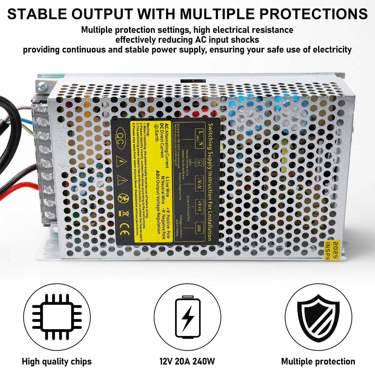 Zasilacz impulsowy 12 V, 20 A, 240 W, adapter sieciowy do samochodu, transformator napięcia AC 240 V na DC 12 V, zasilacz sieciowy, odpowiedni do taśm LED, CCTV, radia, aparatów, instrumentów