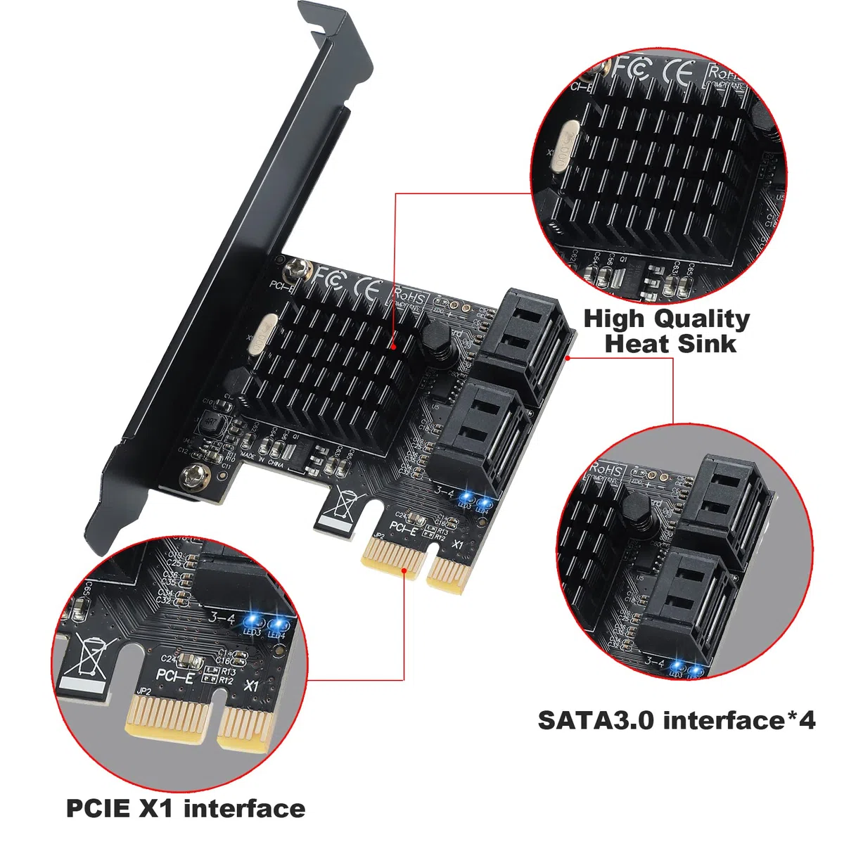 Karta kontrolera PCI-E X1 do SATA 3.0, 4-portowa karta rozszerzeń SATA III 6 Gb/s, obsługuje gniazdo PCI-Express (1 x 4X 8X 16X), obsługa SSD i HDD, dla Windows10/7/8/XP/Vista/Linux
