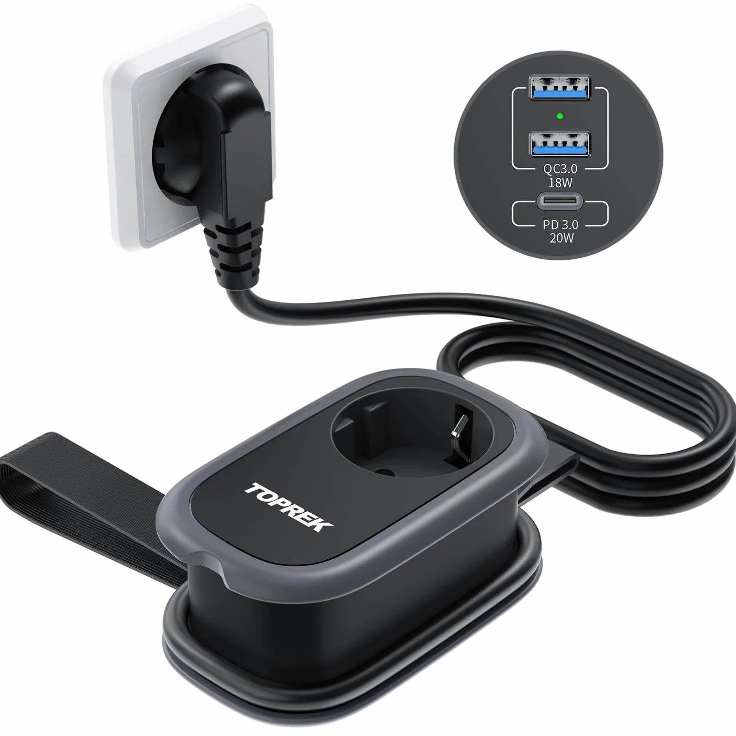 Podróżna listwa zasilająca z 3 gniazdami USB, 4000 W/16 A i szybkim ładowaniem USB C, z wieloma wtyczkami, zabezpieczeniem przeciwprzepięciowym w gnieździe dystrybucyjnym z przedłużaczem owiniętym 1,1