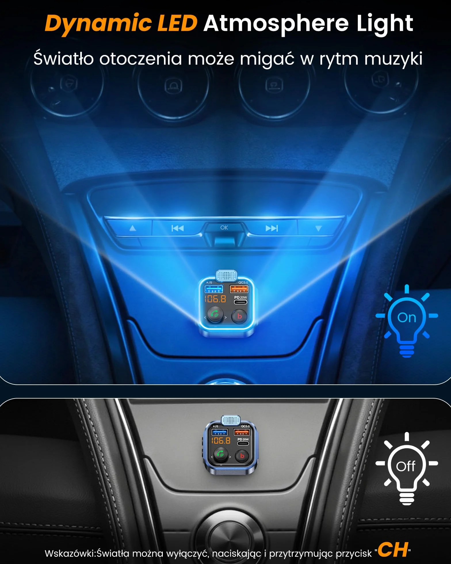 LENCENT Nadajnik FM Bluetooth V5.3, Transmiter FM Radio Samochodowe z głębokim basem Ładowarka Samochodowa z Zestawem głośnomówiącym i dwoma portami USB PD Type-C QC 3.0 USB z Niebieskim Oświetleniem