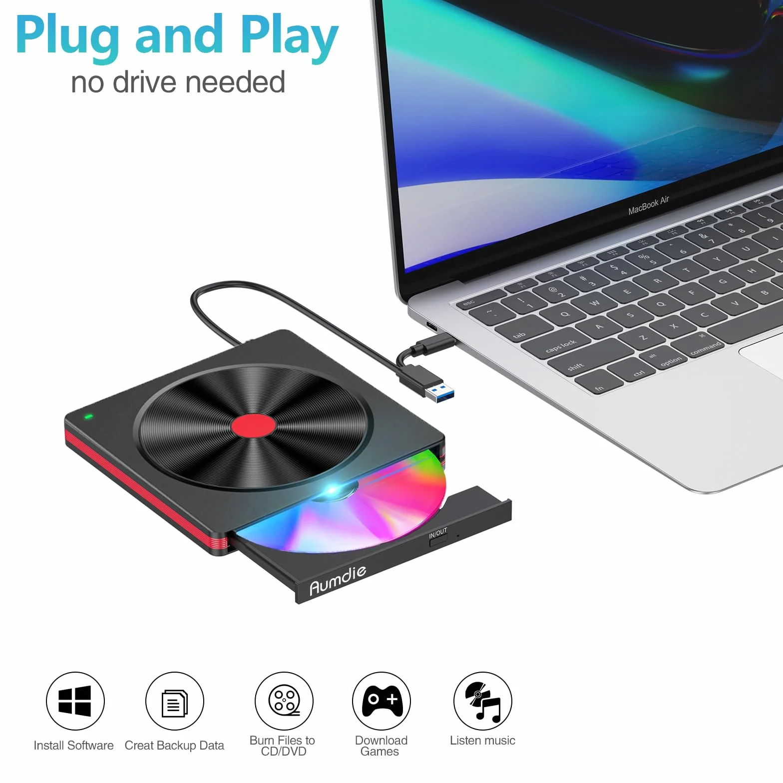 Zewnętrzny napęd DVD, USB 3.0 CD/DVD, zewnętrzny napęd CD USB C, zewnętrzny napęd CD do laptopów, PC, zewnętrzny nagrywarka CD DVD i odtwarzacz do Windows 11/10/8.1/7/XP/Vista, Linux, komputer