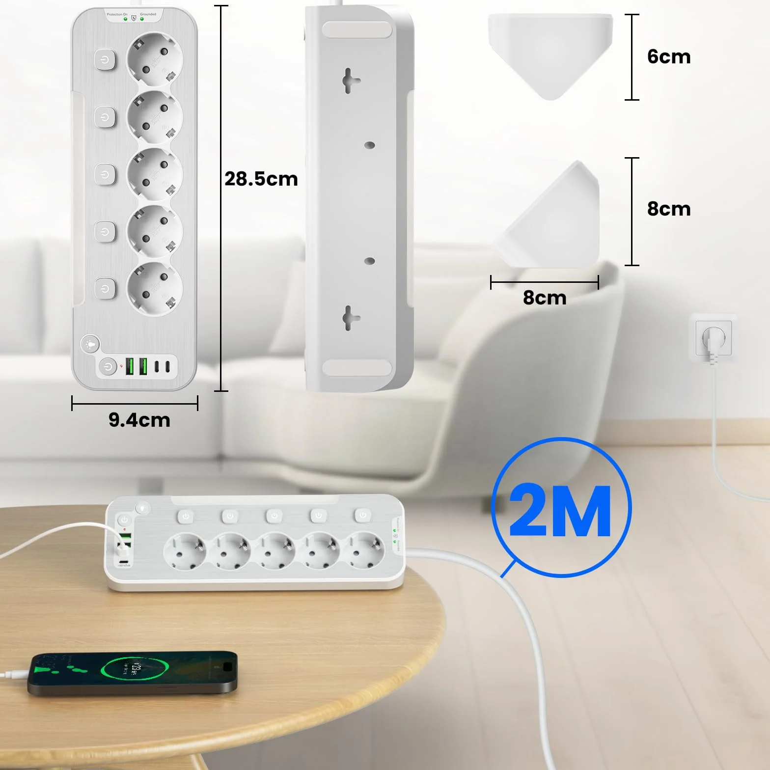 Listwa Zasilająca USB C, Wielokrotne Gniazdo z Wyłącznikami,5 Gniazdka Biurowa Listwa Przeciwprzepięciowa,Metal Listwa Zasilająca do Kuchni z Lampką Nocną,Narożne Gniazda Elektryczne 2M Kabel,Biały