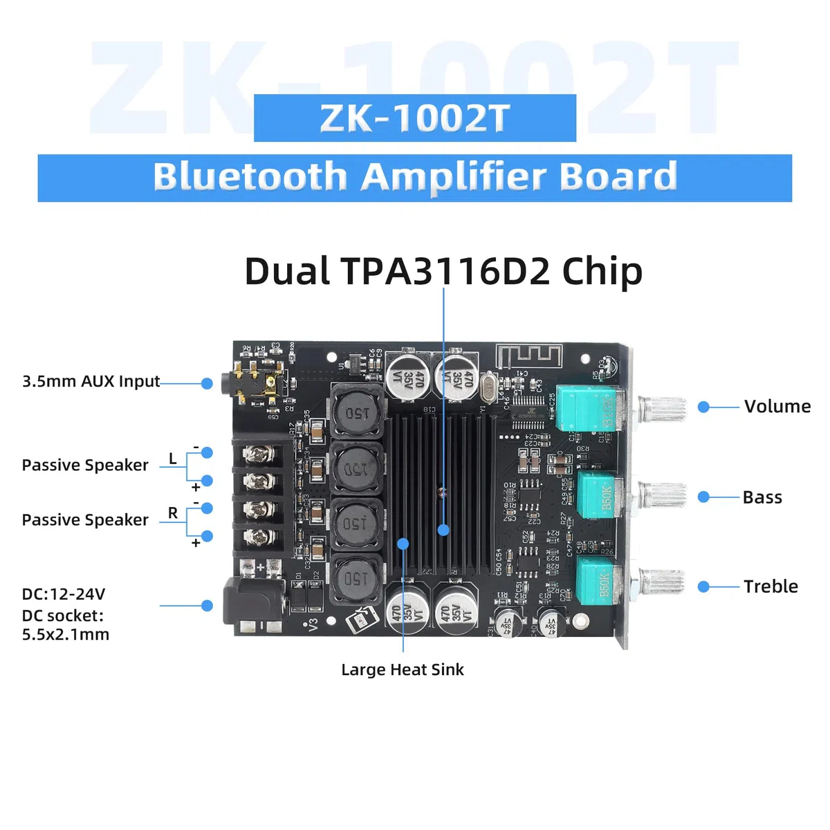 Odbiornik audio stereo Bluetooth 5.0, płyta wzmacniacza z regulacją tonów wysokich i basowych, 2-kanałowy mini bezprzewodowy moduł wzmacniacza cyfrowego o dużej mocy do domowych głośników pasywnych