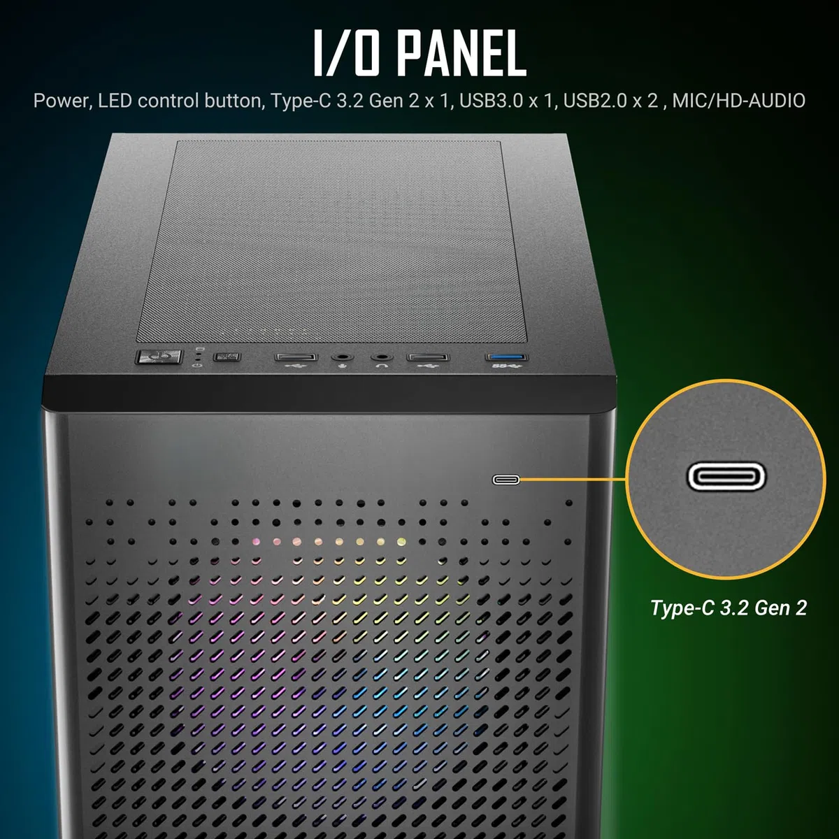 ANTEC NX500M ARGB, panel przedni z siatki o wysokim przepływie powietrza, typ C 3.2 Gen2 Ready, 3 x wentylatory ARGB 120 mm w zestawie, panel boczny ze szkła hartowanego, do 6 wentylatorów, obsługa