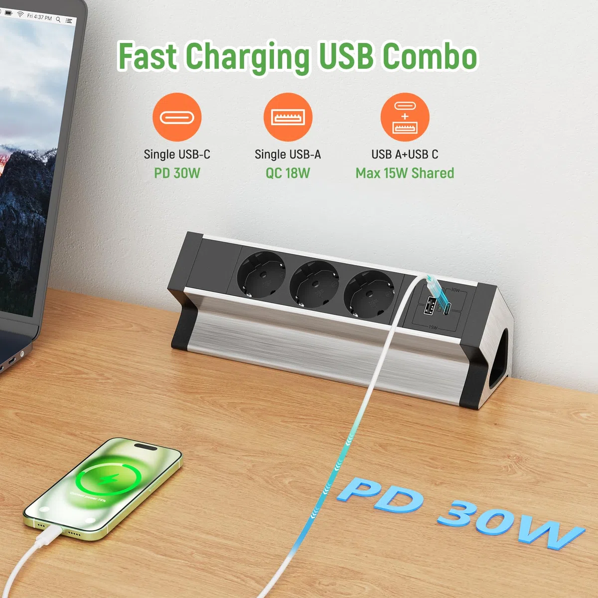 Listwa zasilająca na biurko z gniazdem USB C, 3 gniazda, listwa zasilająca z gniazdem USB, kabel 1,8 m, ze stopu aluminium, do biura, warsztatu