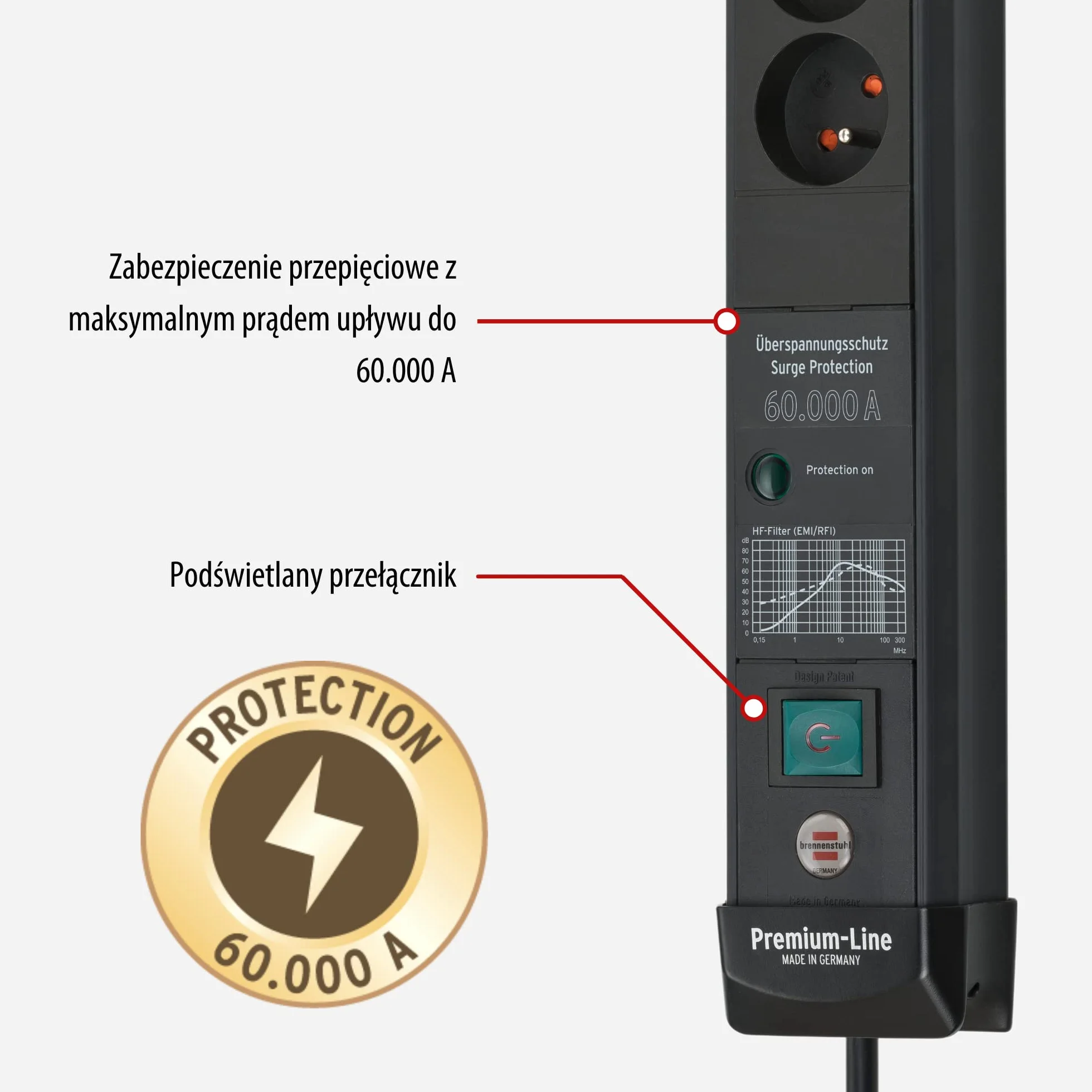 Brennenstuhl Premium-Line listwa przepieciowa z 4 gniazdami / listwa antyprzepieciowa a z ochrona przepieciowa do 60.000 A (listwa zasilajaca kabel 3 m z wylacznikiem, Made in Germany) czarna