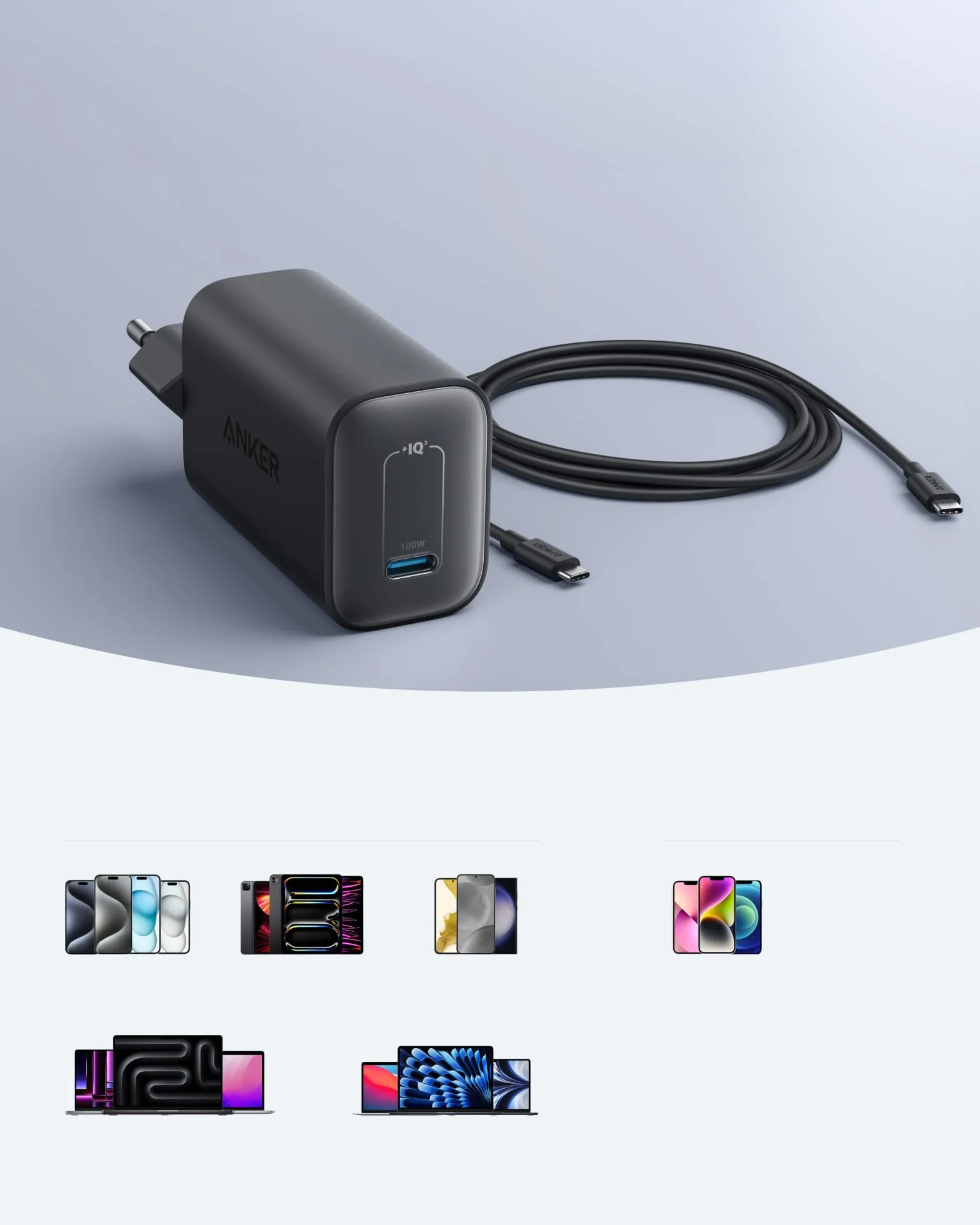 Anker Nano Ładowarka 100 W, Ładowarka 100 W do MacBooka, Zasilacz do MacBooka, iPada, iPhone’a 17/16, Galaxy oraz wszystkich urządzeń USB‑C, w zestawie kabel USB‑C 1,8 m (czarny)