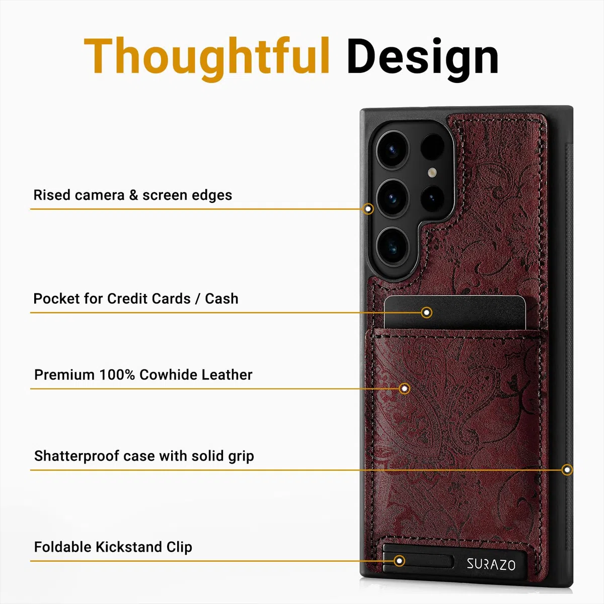 SURAZO Skórzane etui do Samsung Galaxy S25 Ultra z ochroną aparatu – prawdziwa skóra tylna osłona na telefon komórkowy [przegródka na karty] [funkcja stojaka] [motyw kwiatowy], odporne na uderzenia