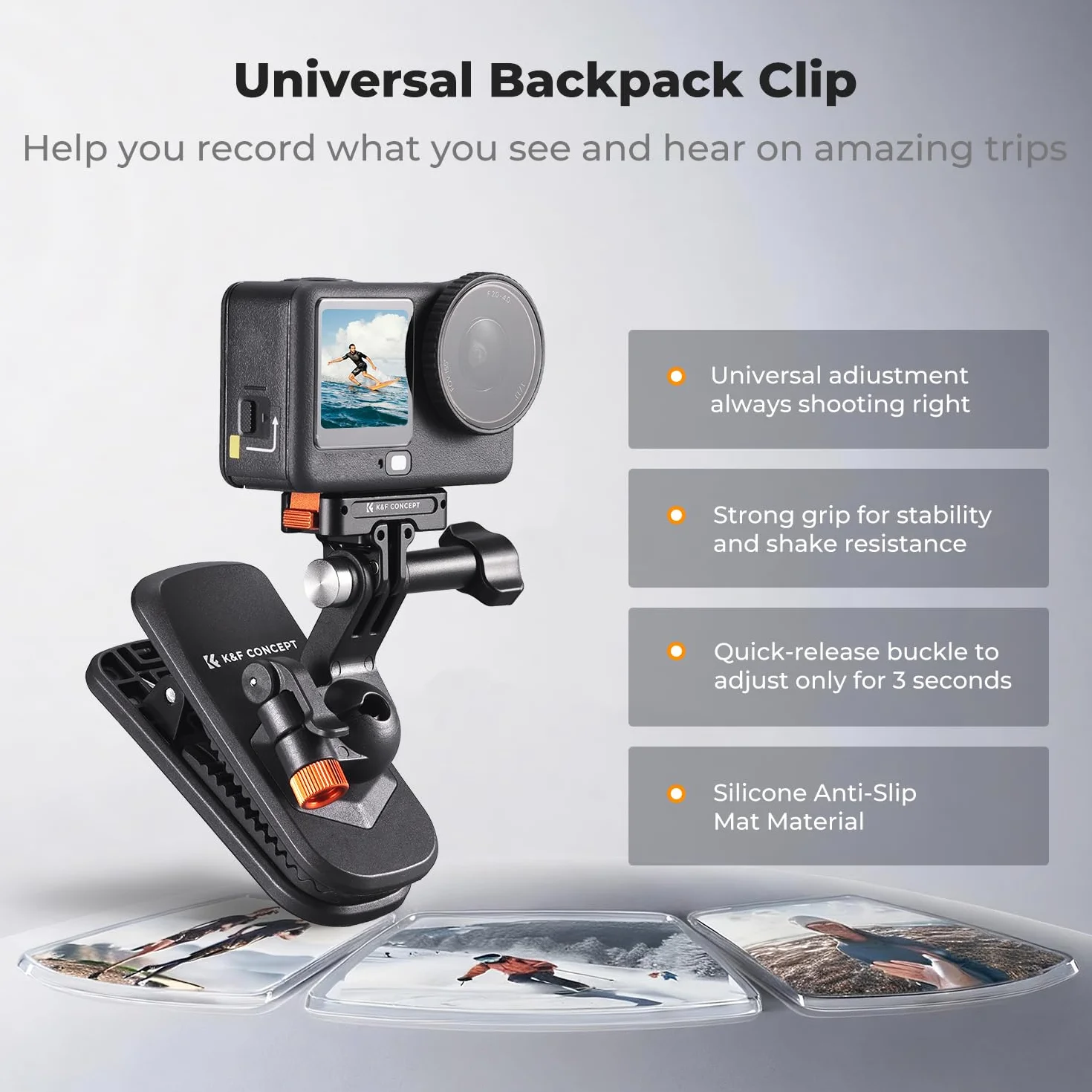 K&F CONCEPT Magnetyczny klips do plecaka, głowica kulowa 360°, zacisk na ramię i kapelusz, kompatybilny z DJI Osmo Nano/Action 6 5 pro/Go pro, uchwyt kamery ciała