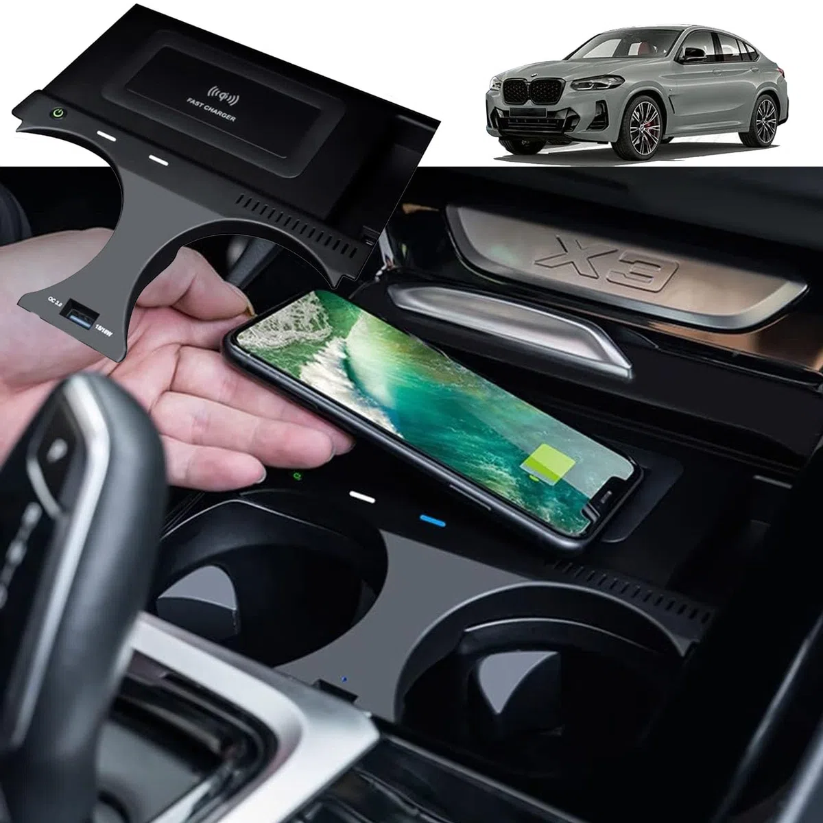 Bezprzewodowa ładowarka Samochodowa do BMW X3 X3M G01 2018-2022/X4 X4M G02 2019-2022 Panel Akcesoriów Konsoli środkowej, Szybka ładowarka 15W do Dowolnego Telefonu Z Obsługą Qi