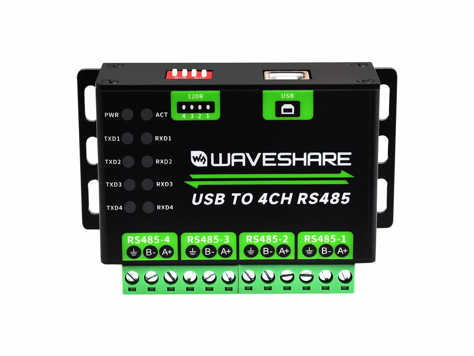 Waveshare Industrial USB TO 4Ch RS485 Converter, Multi Protection Circuits, Multi Systems Support, Aluminium Alloy Case, Wall-Mount and Rail-Mount Support