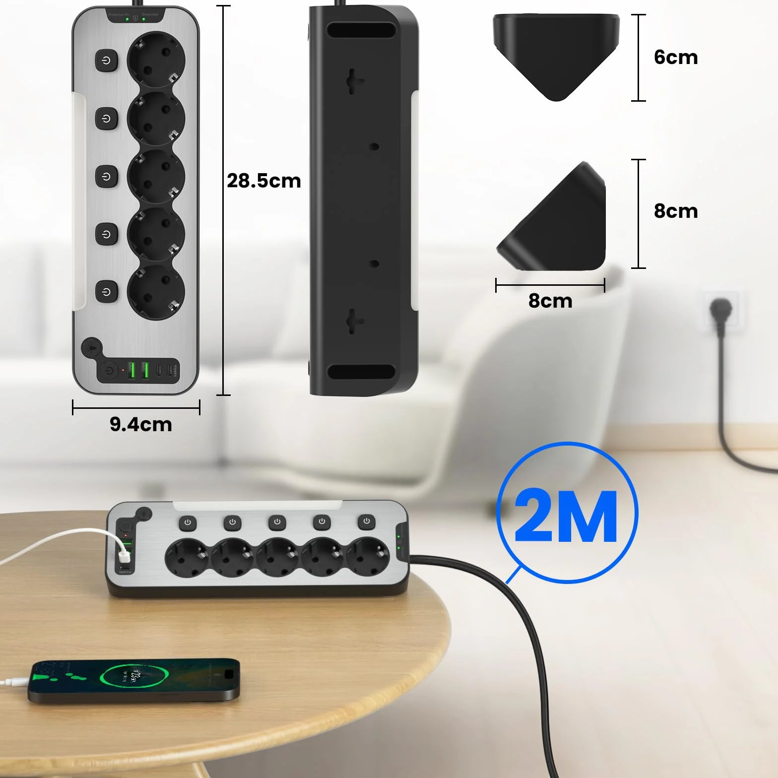 Metalowa Listwa Zasilająca 5 Gniazd USB 2M Przeciwprzepięciowa Czarna