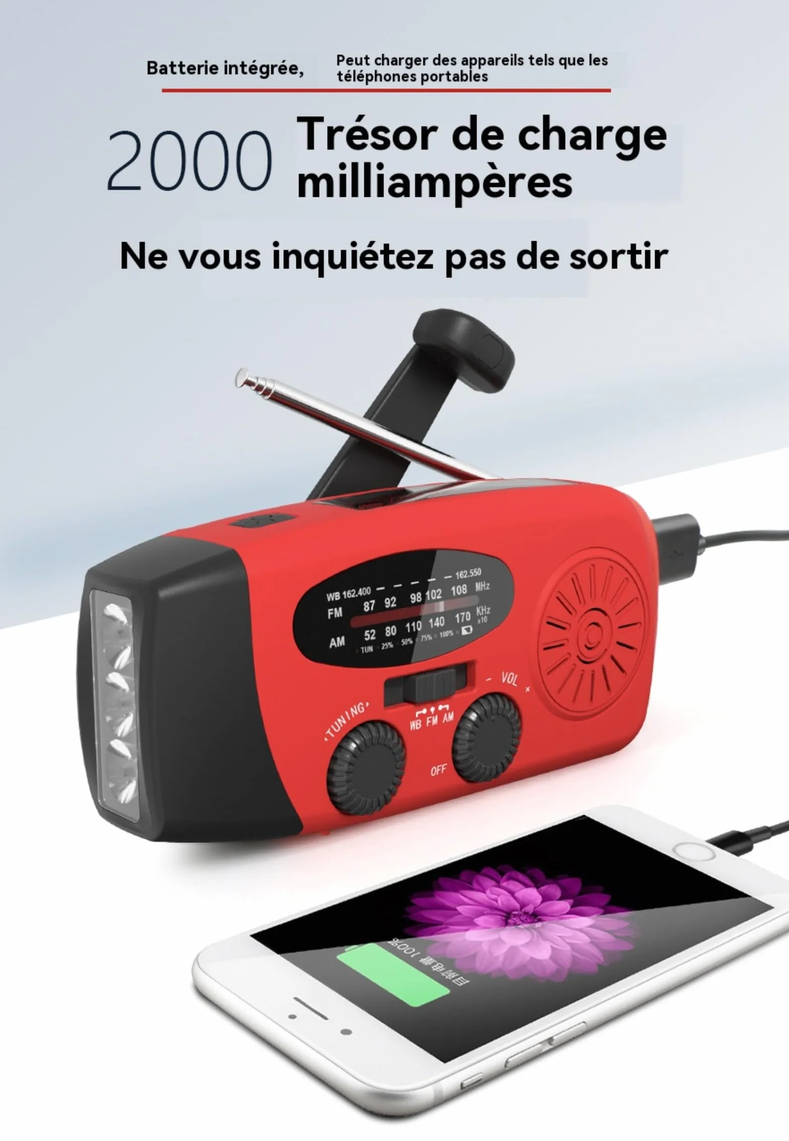 Radio awaryjne z baterią zewnętrzną 2000 mAh, ładowanie słoneczne/korbowe, AM/FM/WB, alarm SOS i lampka do czytania - wodoszczelność IPX4 do przetrwania na zewnątrz