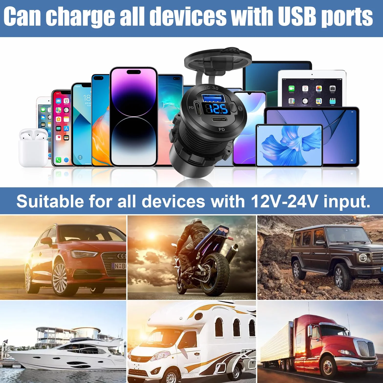 2-pak 12 V USB gniazdo samochodowe okrągłe gniazdo USB C 12 V, 3-portowa szybka ładowarka morska, wodoodporna, zamiennik gniazda papierosowego, aluminium, z przełącznikiem i woltomierzem, odpowiednie