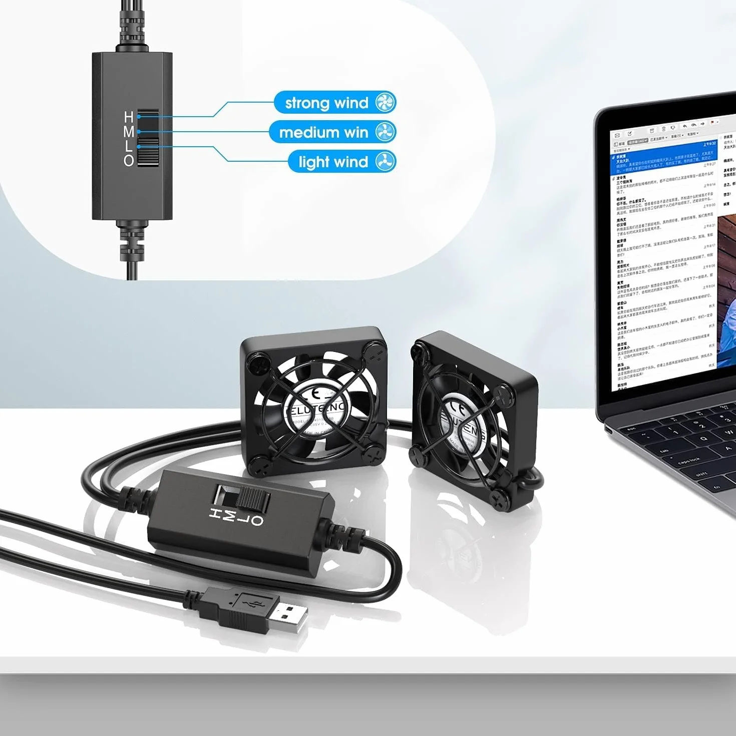 ELUTENG Podwójny wentylator USB 40 mm 5 V z 3 kontrolami prędkości 5500 obr./min 2 w 1 mini wentylator PC 40 mm USB wentylator komputerowy z metalowym grillem do PC/Xbox/VR Glass/laptopa/TV Box/PS4