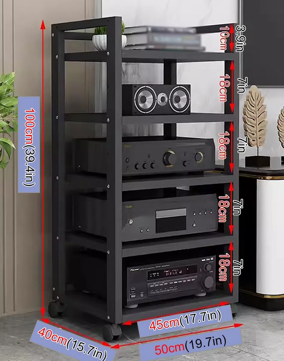 Stojak Na Sprzęt Audio-Wideo Do Salonu/Domu, Stojak Na Sprzęt Stereo, Stojący, Wytrzymały, Z Regulowaną Wysokością Półki I Kółkami, Czarny, Nr 2,5