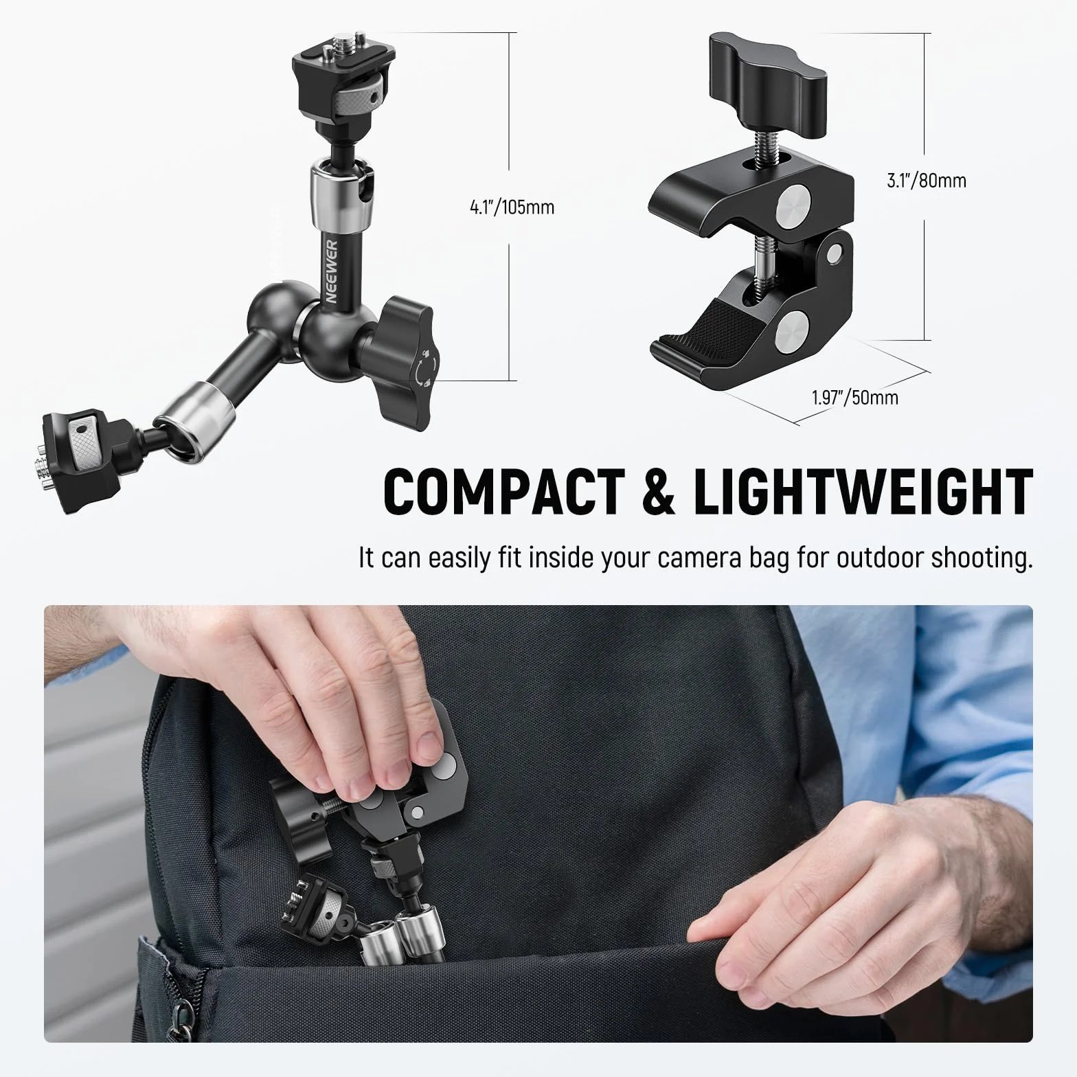 NEEWER 17.8 cm przegubowy magiczny uchwyt zaciskowy z super zaciskiem, uchwyt na monitor kamery z pinami i otworami 1/10.2 cm 3/20.3 cm ARRI do lustrzanek cyfrowych, lampa wideo kompatybilna z klatką