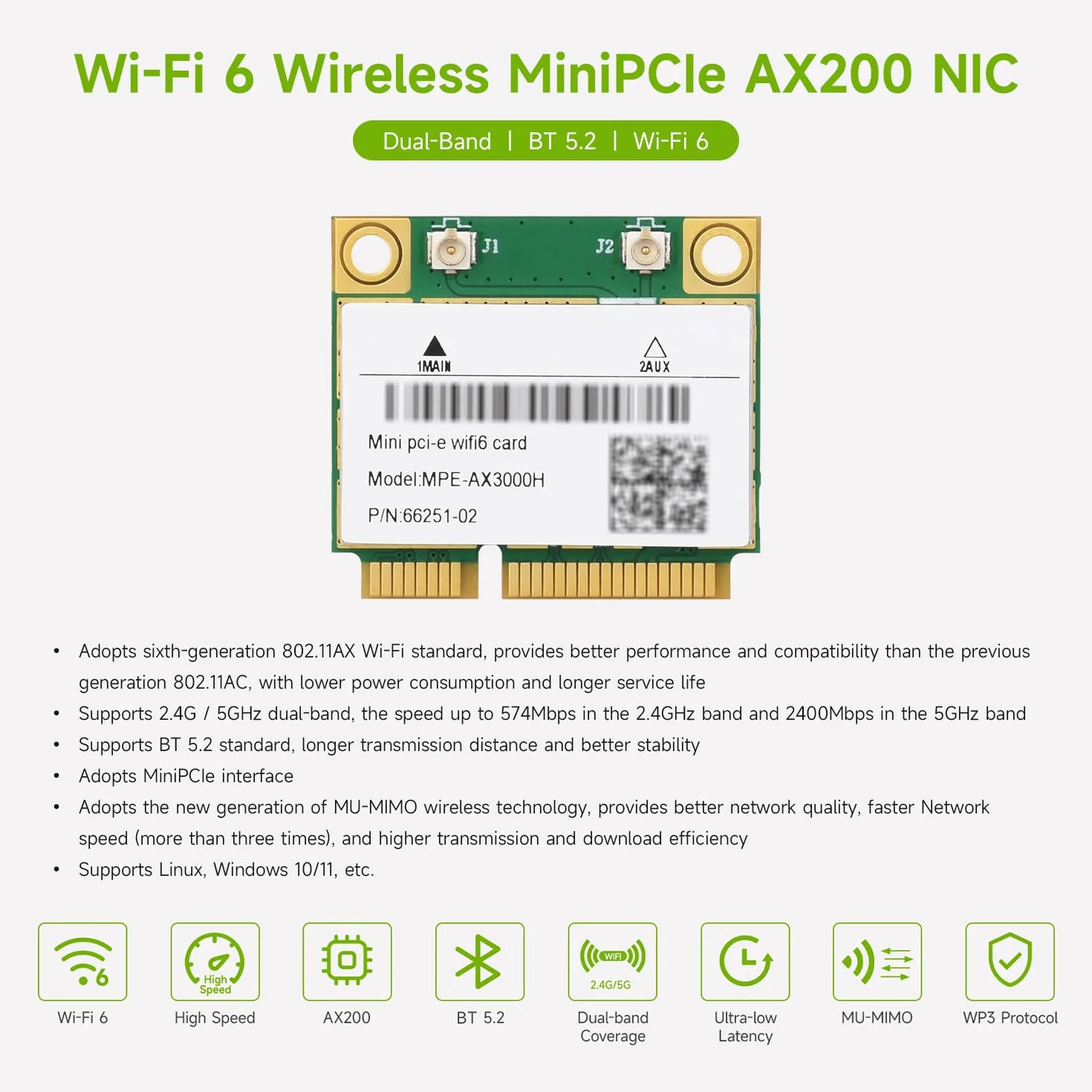 Waveshare Wireless MINIPCIE AX200 NIC, Compatible with Linux, Windows 10/11, Gigabit Dual-Band Wi-Fi 6, 802.11AX Standard, BT 5.2