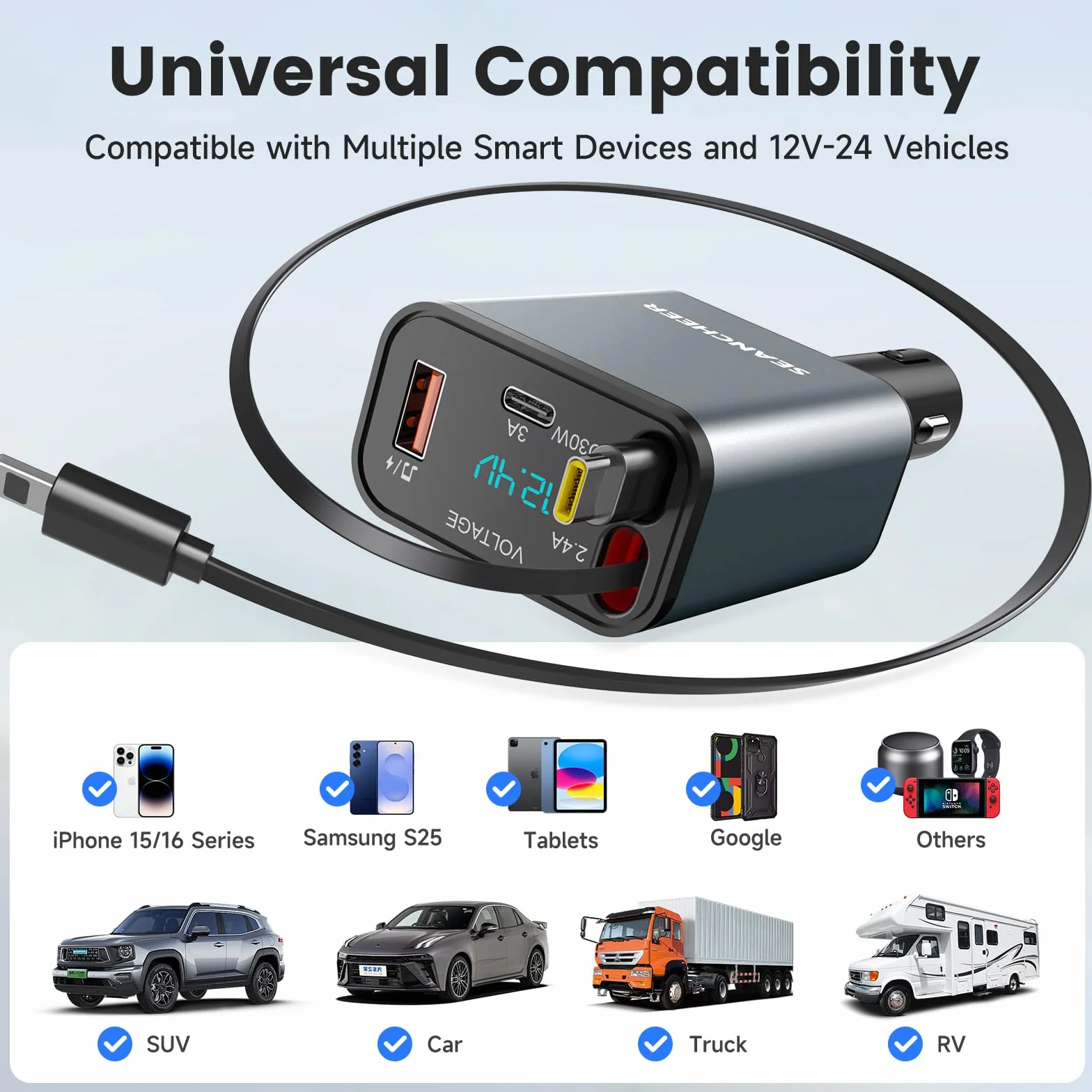 SEANCHEER Adapter Bluetooth do samochodu i zapalniczki samochodowej USB C, 69 W, ładowarka samochodowa z 2 zwijanymi kablami, transmiter FM