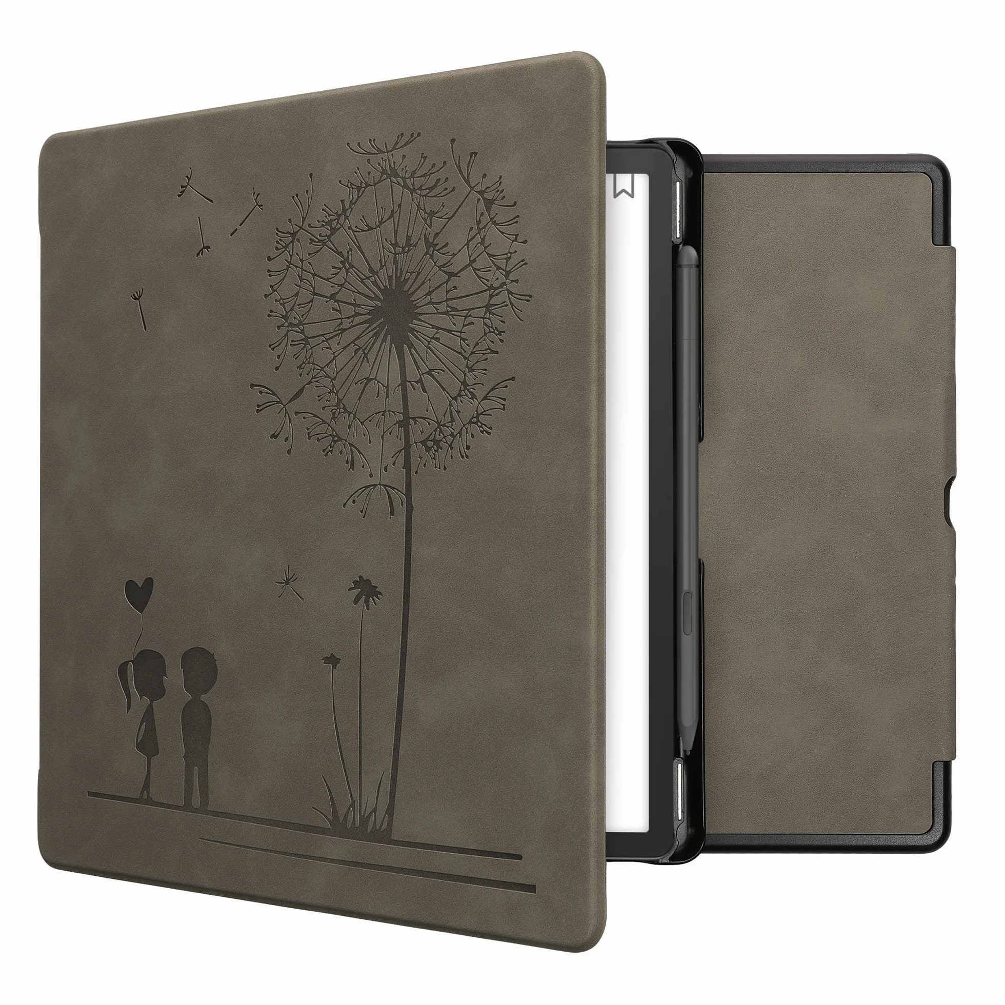 kwmobile Etui ochronne do Amazon Kindle Scribe (2022/2024) – futerał z ekoskóry, automatyczne usypianie, szary dmuchawiec Love