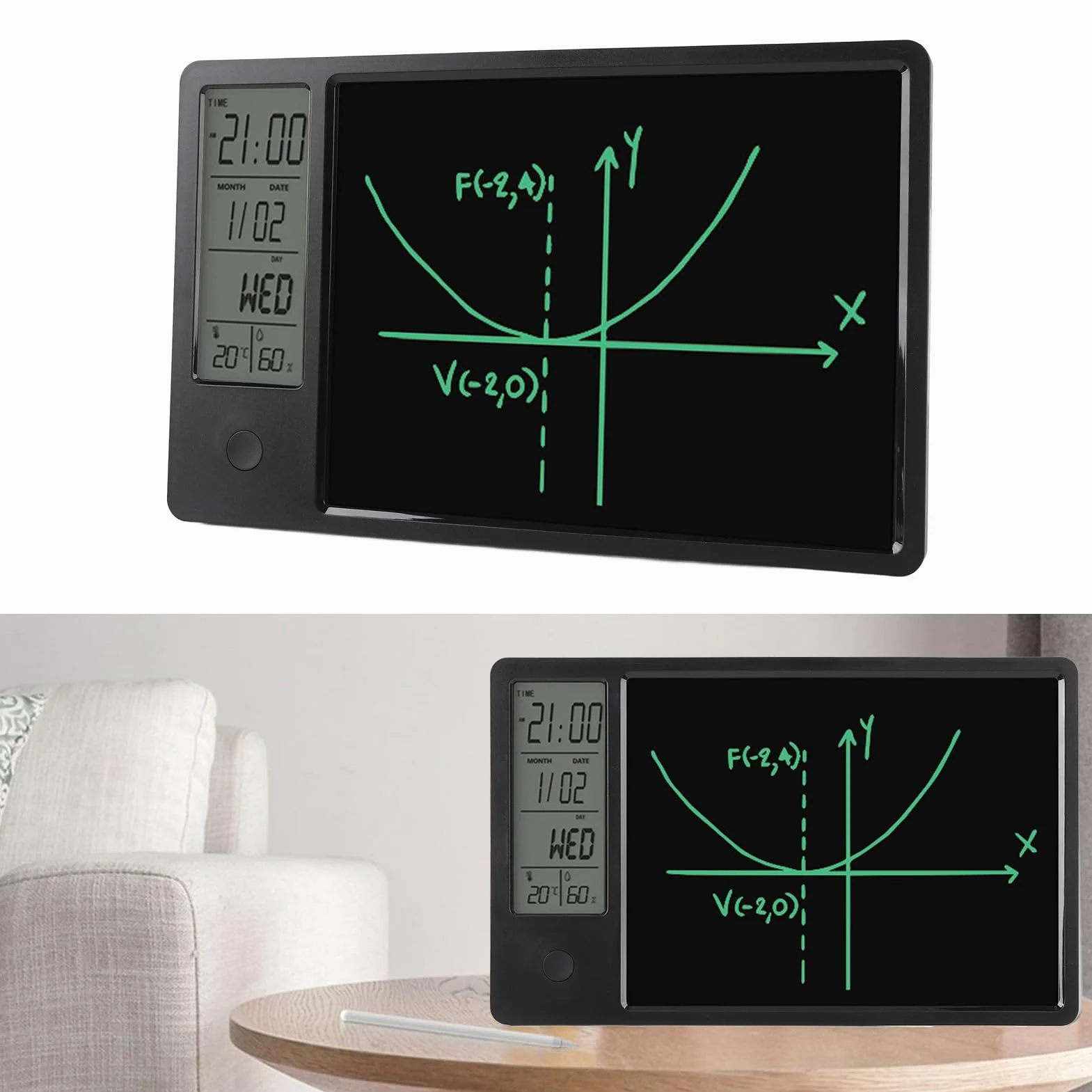 Elektroniczny kalendarz z notatnikiem, wymazywalna tablica do pisania LCD Elektroniczny cyfrowy planer Kalendarz Tablet Wyświetlacz temperatury i wilgotności (BLACK)