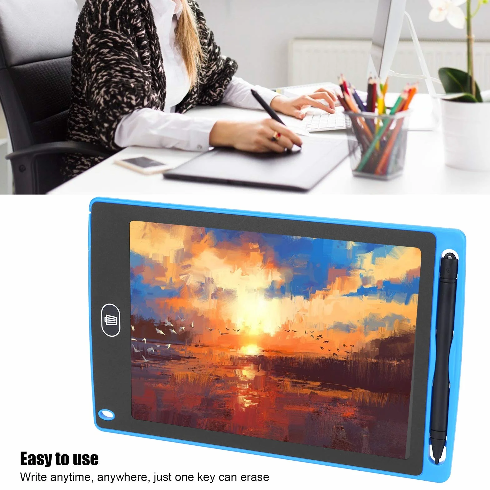 Zerodis Tablet do pisania LCD, elektroniczna tablica do pisania 20 cm z długopisem kolorowy ekran bez promieniowania ochrona oczu dorośli dzieci pismo ręczne narzędzie do przenoszenia informacji (niebieski)