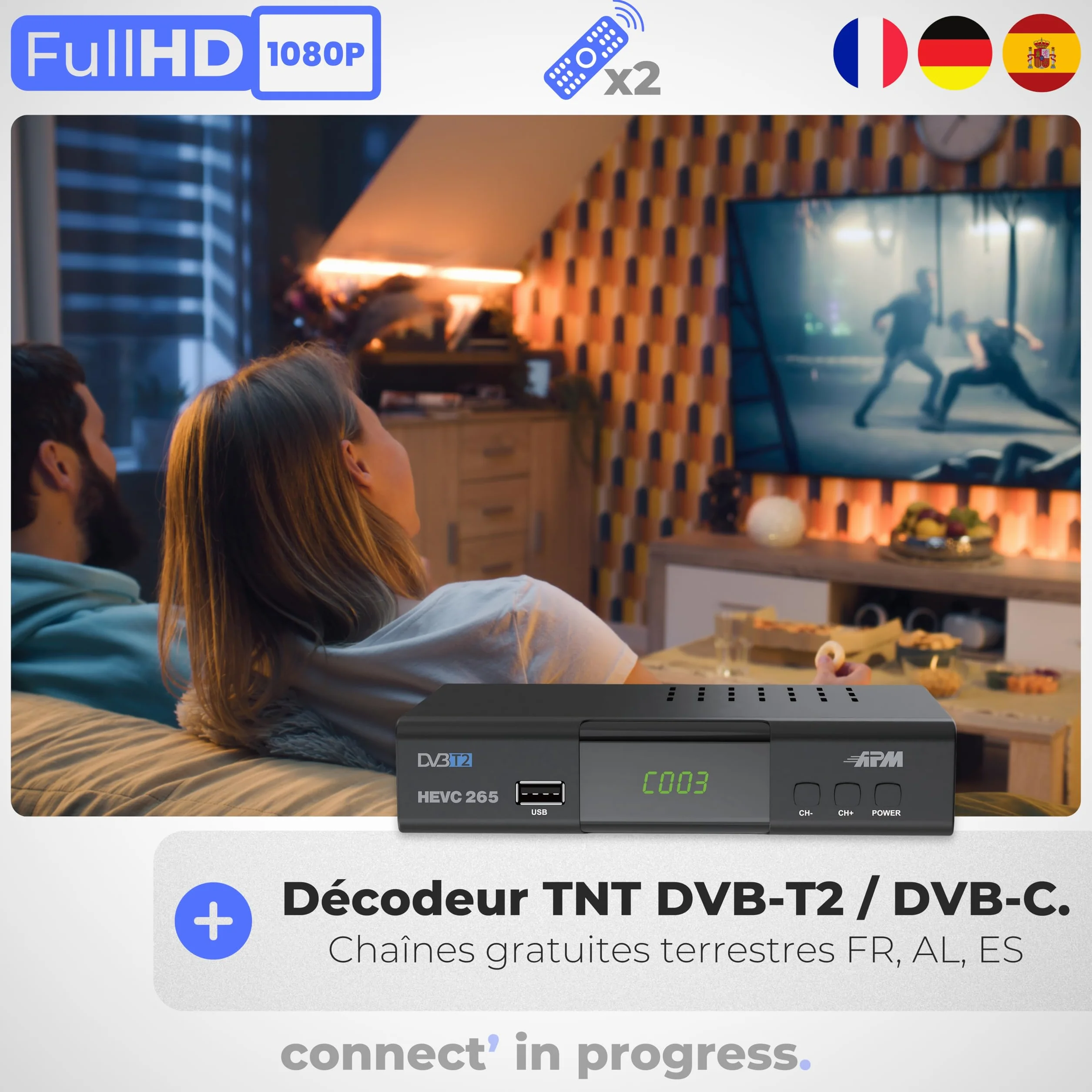 APM Dekoder TNT Full HD 1080p, tuner TNT H.265 HEVC, uproszczony pilot, demodulator DVB-T2 DVB-C Porty HDMI, SCART, USB, Coax. Darmowe kanały naziemne Francja Niemcy Hiszpania, 428002