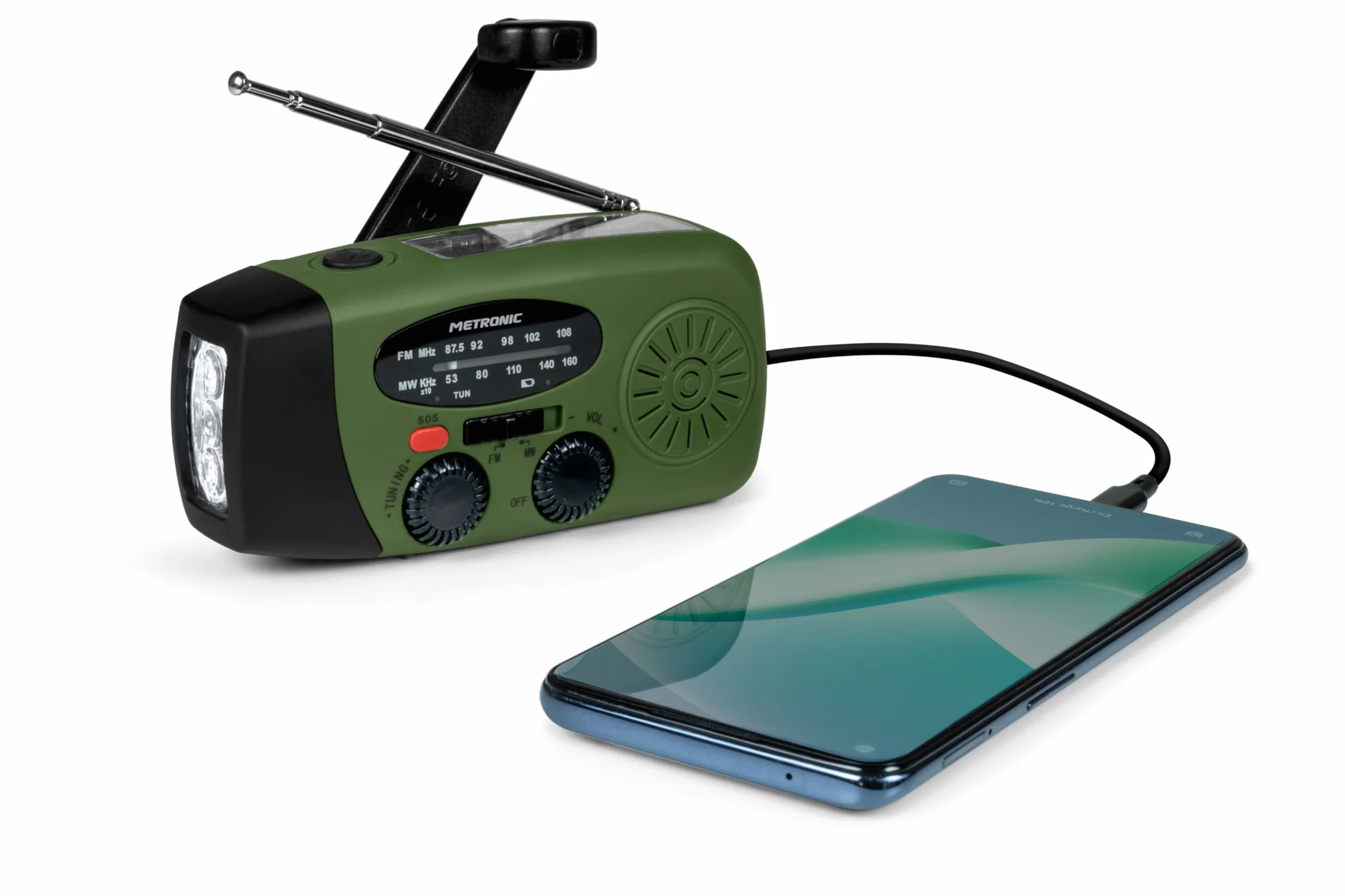 Metronic Radio FM Przenośne Solarne Ładowanie 2000mAh Dynamo - Stanowisko z przyciskiem SOS Awaryjne - Funkcja Latarki LED - Zielony i czarny - 477216