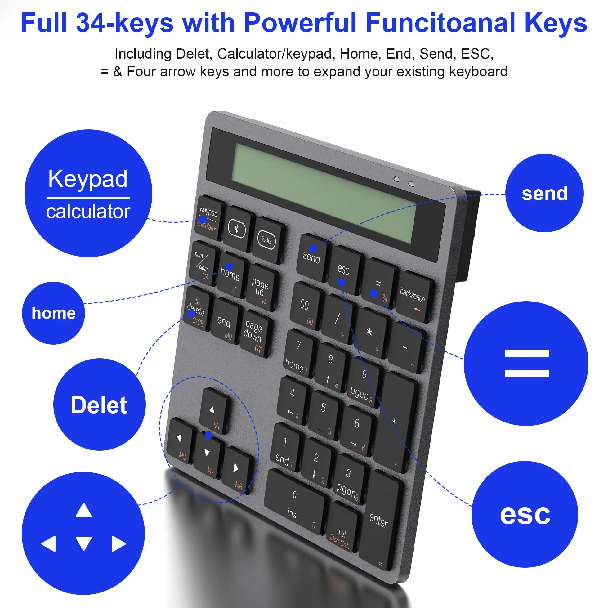 Blok numeryczny Bluetooth i 2,4 G – 34 przyciski Numpad z kalkulatorem – smukłe bloki numeryczne, bezprzewodowa, przenośna podkładka numeryczna Bluetooth do MacBook, iMac, Windows, laptopa, komputera