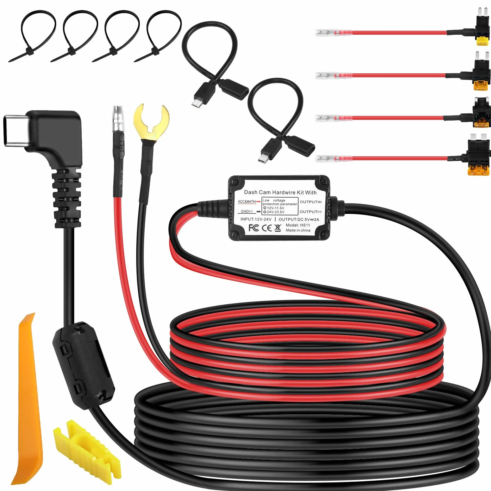 Zestaw do kamery samochodowej Hardwire Adapter USB typu C Micro/Mini USB 12 V-24 V do 5 V z kablama bezpiecznikowymi i narzędziem