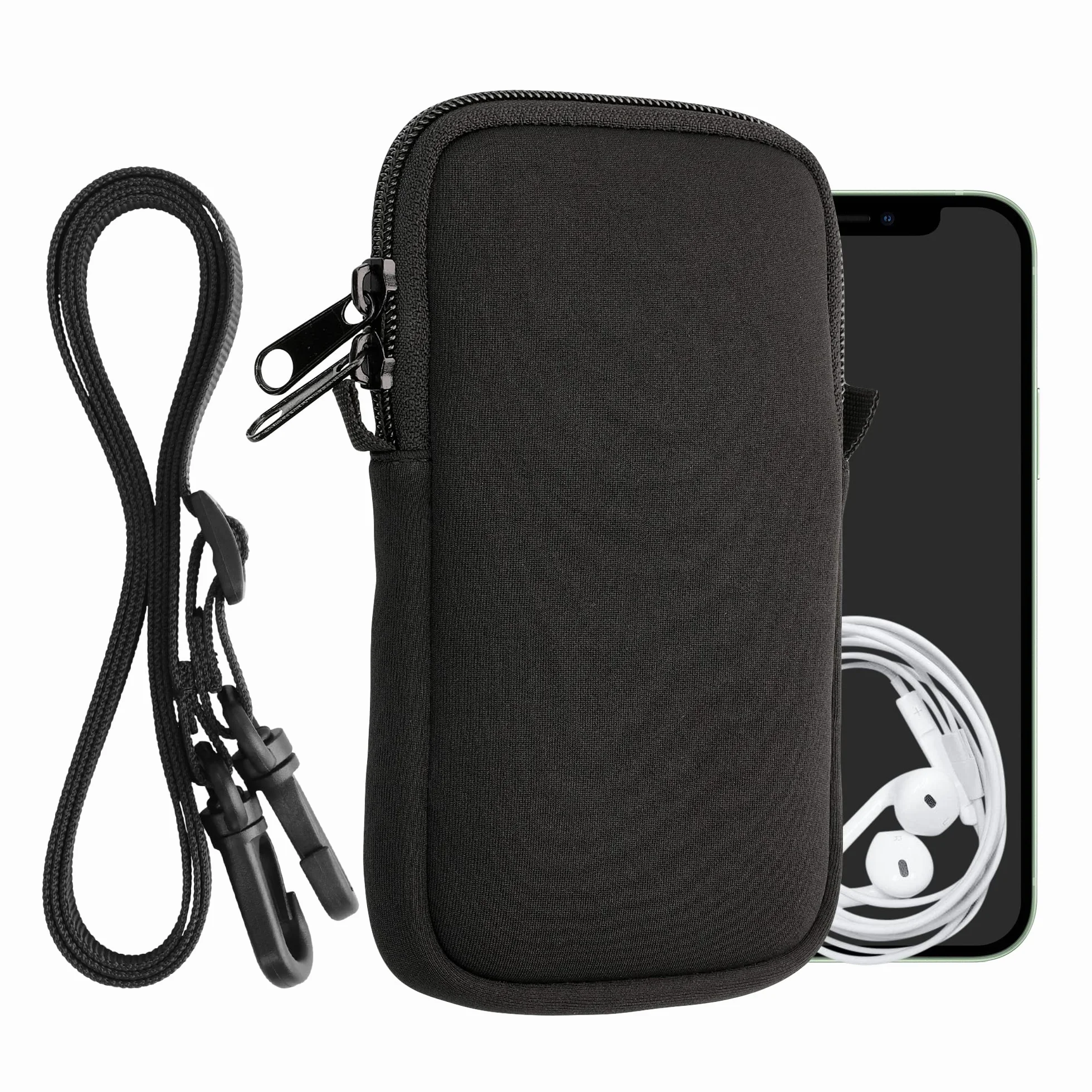 kwmobile Neoprenowe etui na telefon L - 6.5" - 16,5 x 8,9 cm Uniwersalne etui z paskiem na szyję i zamkiem błyskawicznym - kolor czarny