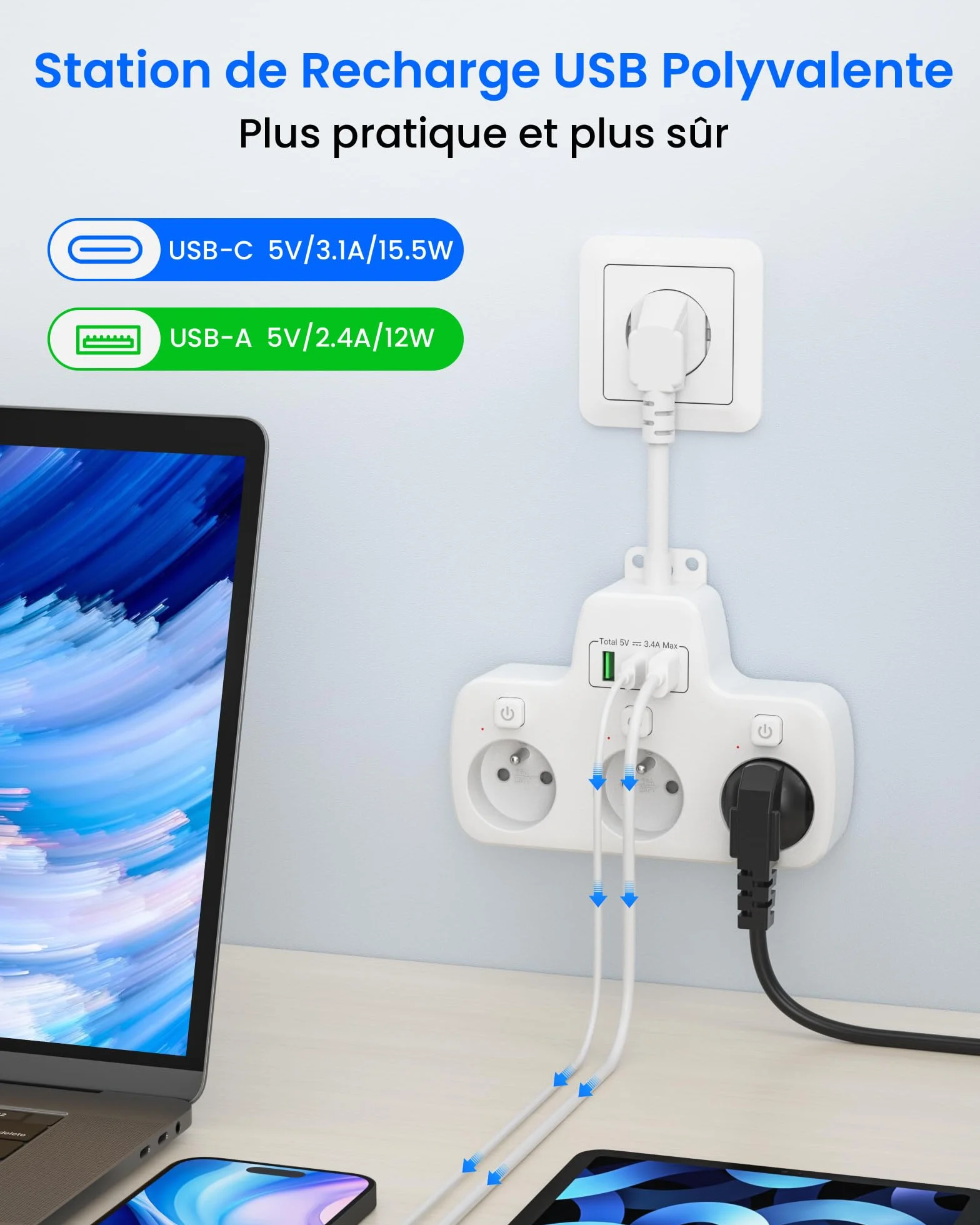 Listwa Zasilająca z Przełącznikiem 3 Gniazda 3 USB USB C Kabel 0,1 m Biały