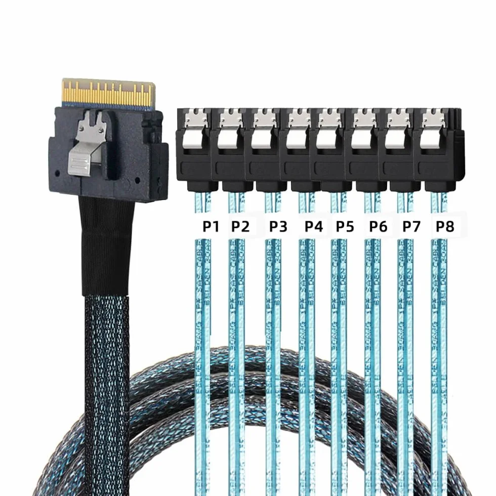 CY Cable Slimline SAS 4.0 SFF-8654 8i 74pin Host Raid do 8 SATA 7Pin Target HDD-Fanout Raid Kabel 1 do 8 rozdzielacz (100 cm)