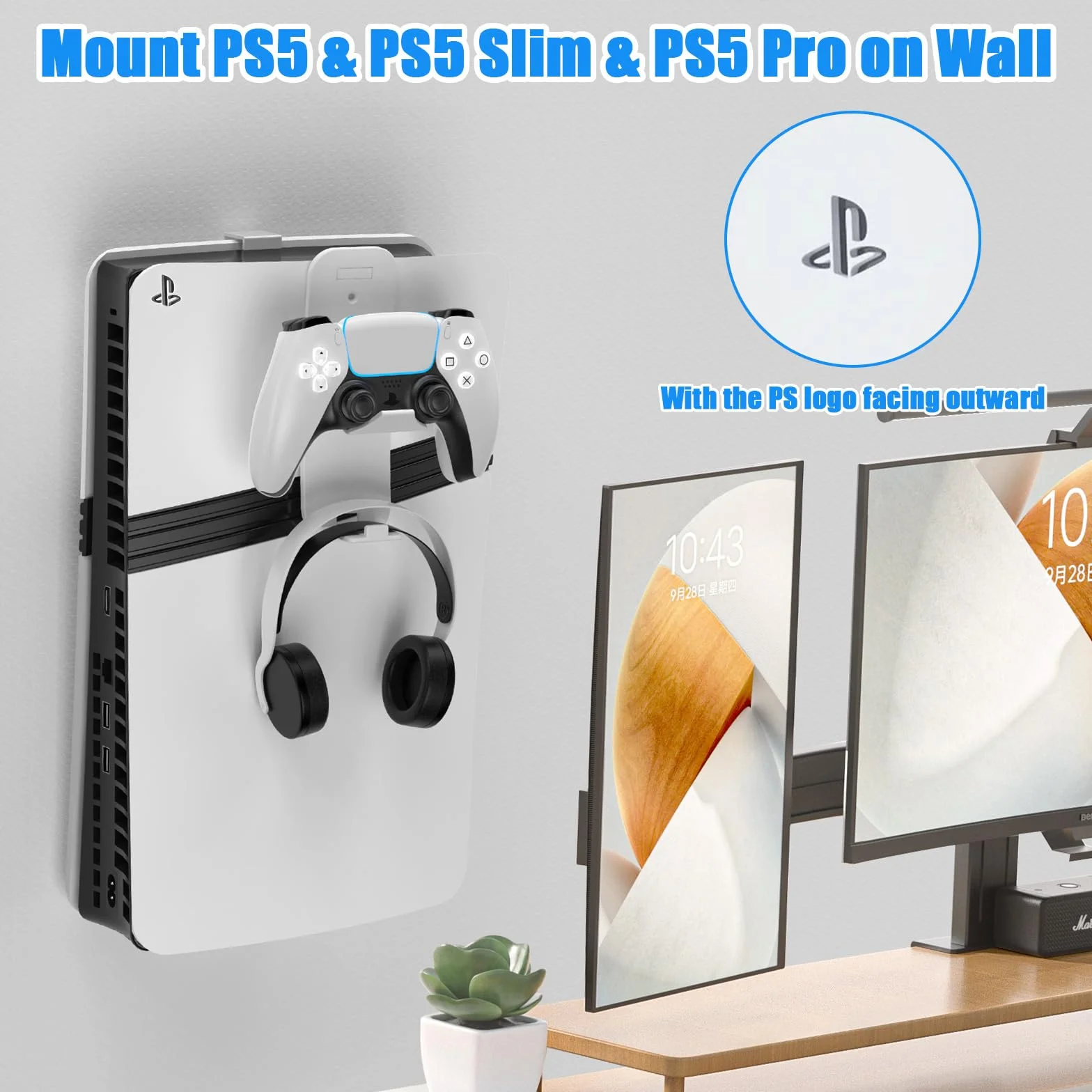 PS5 Montaż ścienny, uchwyt ścienny do PS5 Slim i Pro Steel Playstation 5 uchwyt ścienny z uchwytem kontrolnym i wieszakiem na słuchawki, śruby, gąbka (biały)