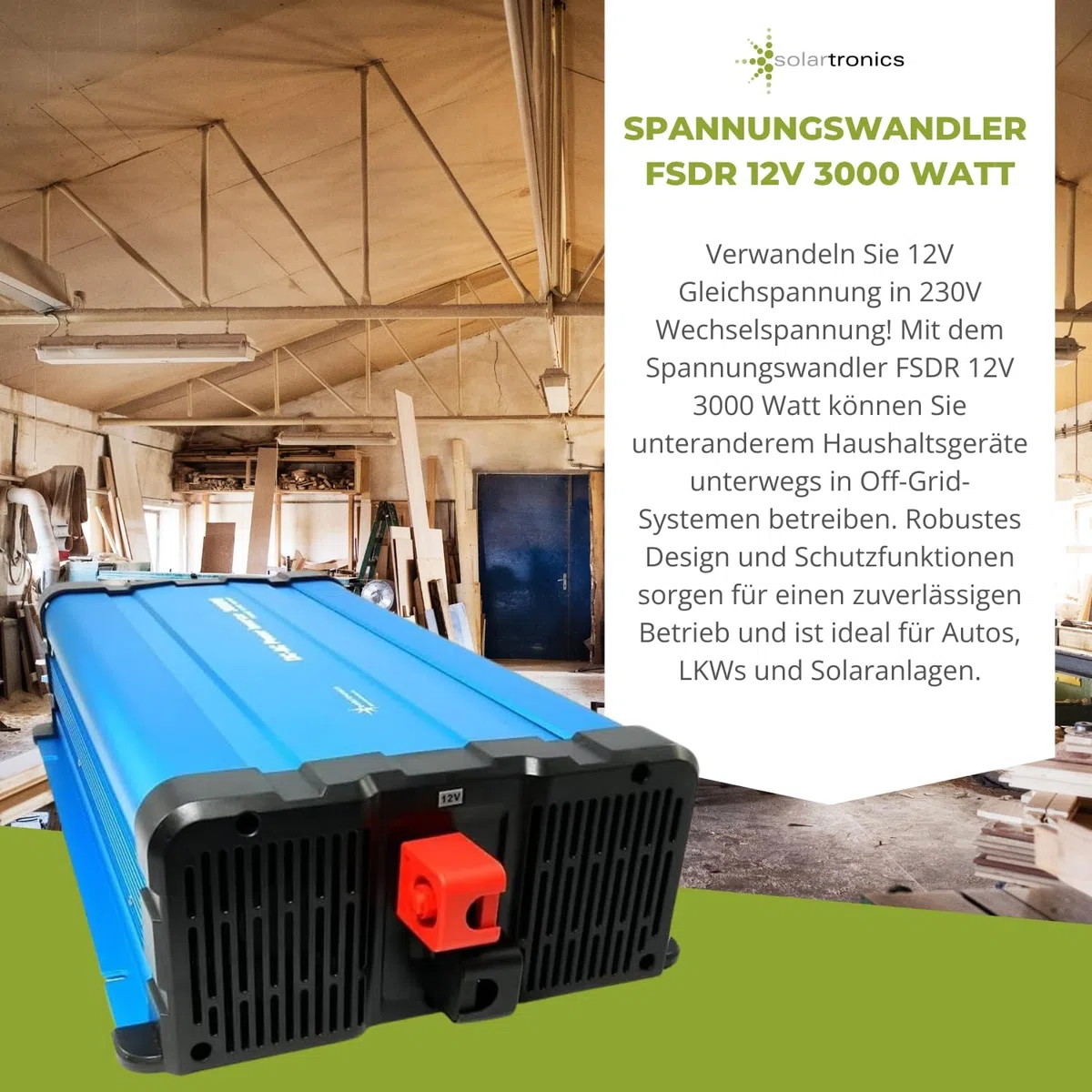 Solartronics Przetwornica napięcia FS3000DR 12V do 230V 3000 W czysty sinusoidalny pilot zdalnego sterowania opcjonalny falownik solarny - z radiem CRW88