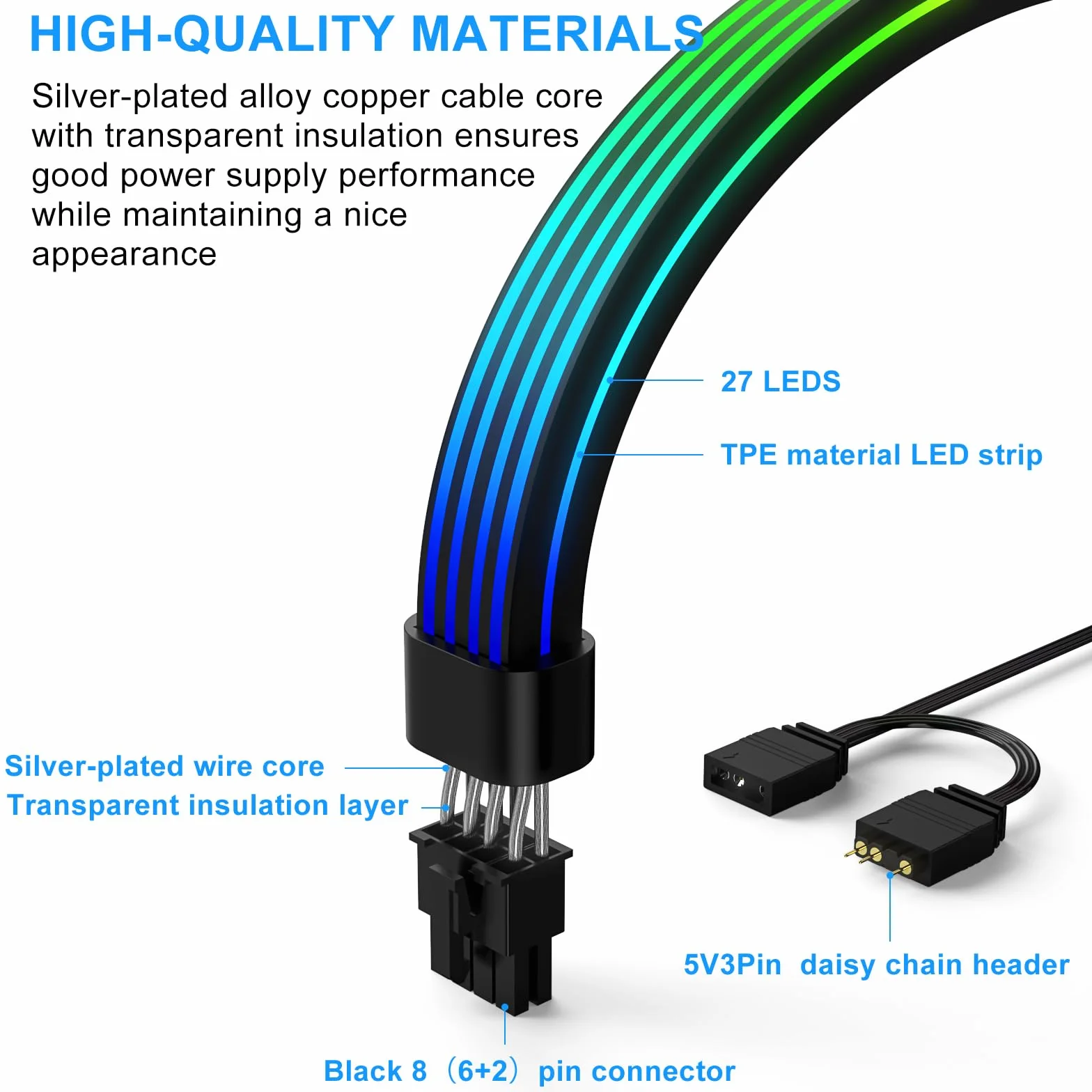 Sirlyr 8-pinowy kabel PCIE RGB, jasne kable GPU ARGB przedłużacz do RTX 3060 4060 4070 Radeon RX 6600 580 zasilacz karty graficznej 5V3Pin PC obudowa akcesoria czarny
